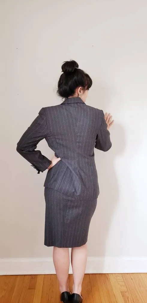 1980s Gray Wool Pinstriped Blazer Louis Feraud 80s Tailored Designer Jacket Minimalist