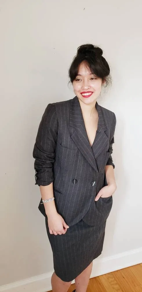 1980s Gray Wool Pinstriped Blazer Louis Feraud 80s Tailored Designer Jacket Minimalist