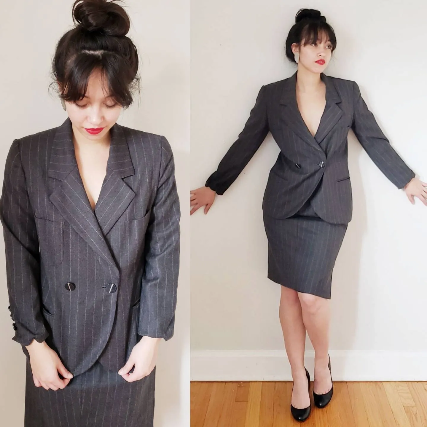 1980s Gray Wool Pinstriped Blazer Louis Feraud 80s Tailored Designer Jacket Minimalist