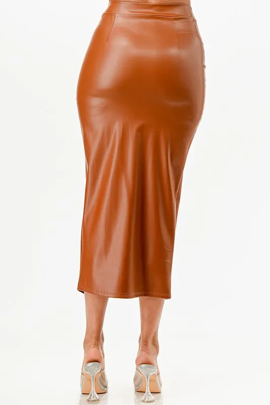26019 Long PU leather pencil skirt