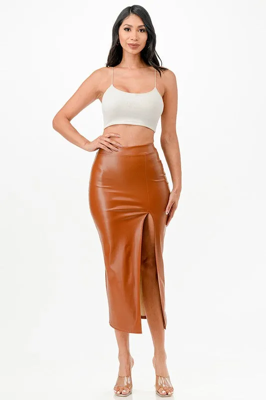 26019 Long PU leather pencil skirt