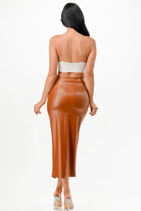 26019 Long PU leather pencil skirt