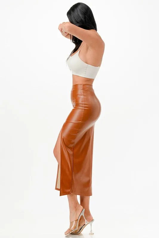 26019 Long PU leather pencil skirt