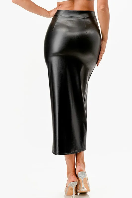 26019 Long PU leather pencil skirt