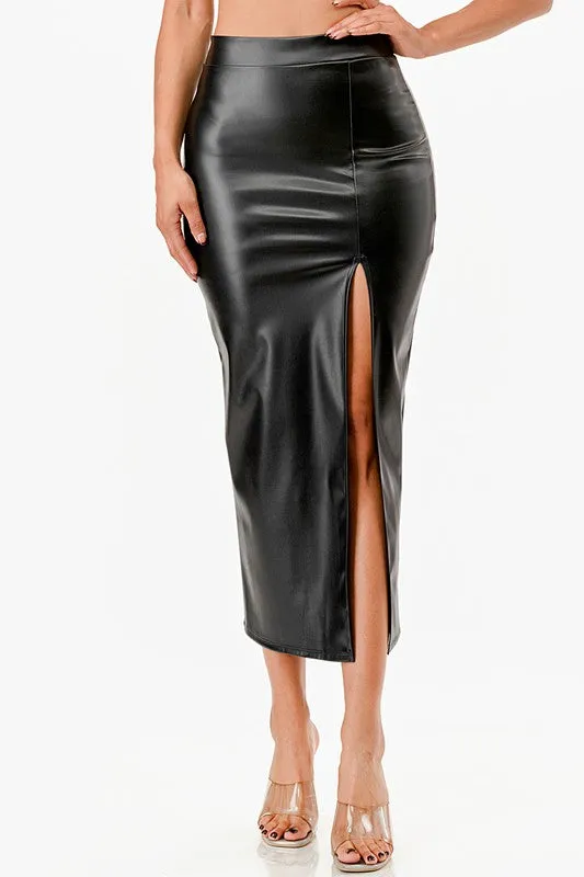 26019 Long PU leather pencil skirt