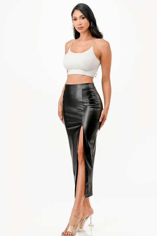 26019 Long PU leather pencil skirt