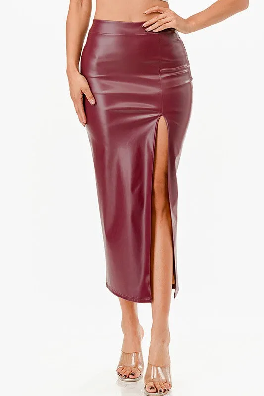 26019 Long PU leather pencil skirt