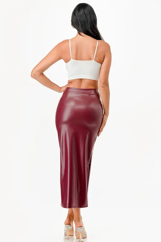 26019 Long PU leather pencil skirt