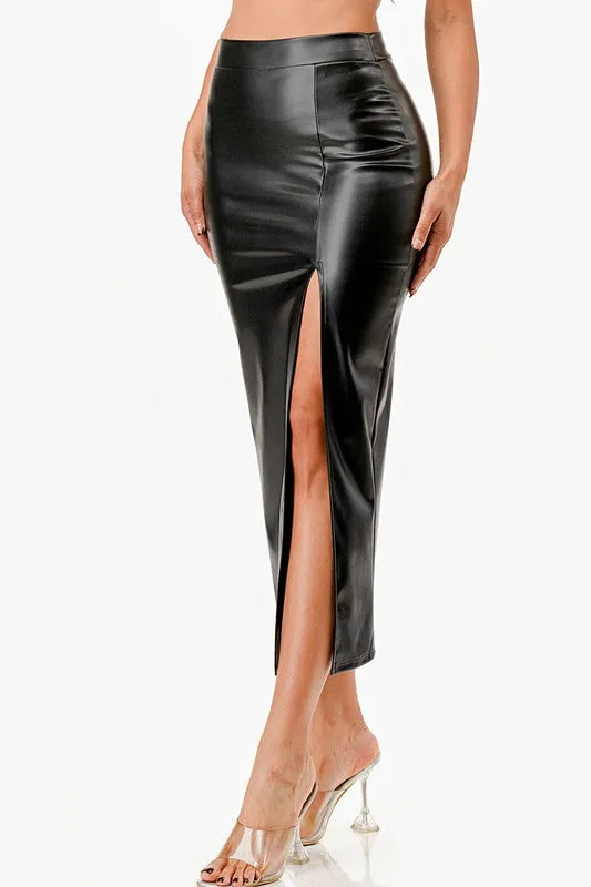 26019 Long PU leather pencil skirt