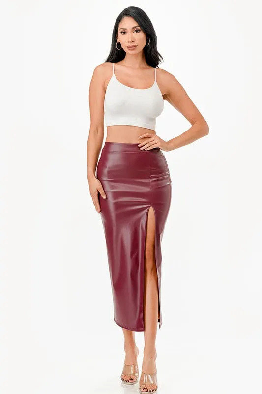 26019 Long PU leather pencil skirt