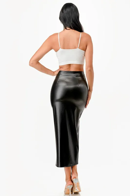 26019 Long PU leather pencil skirt