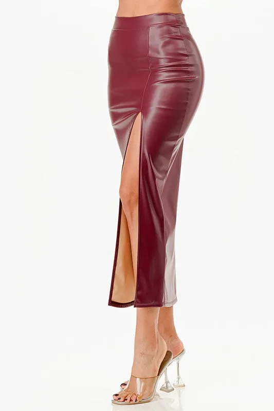 26019 Long PU leather pencil skirt