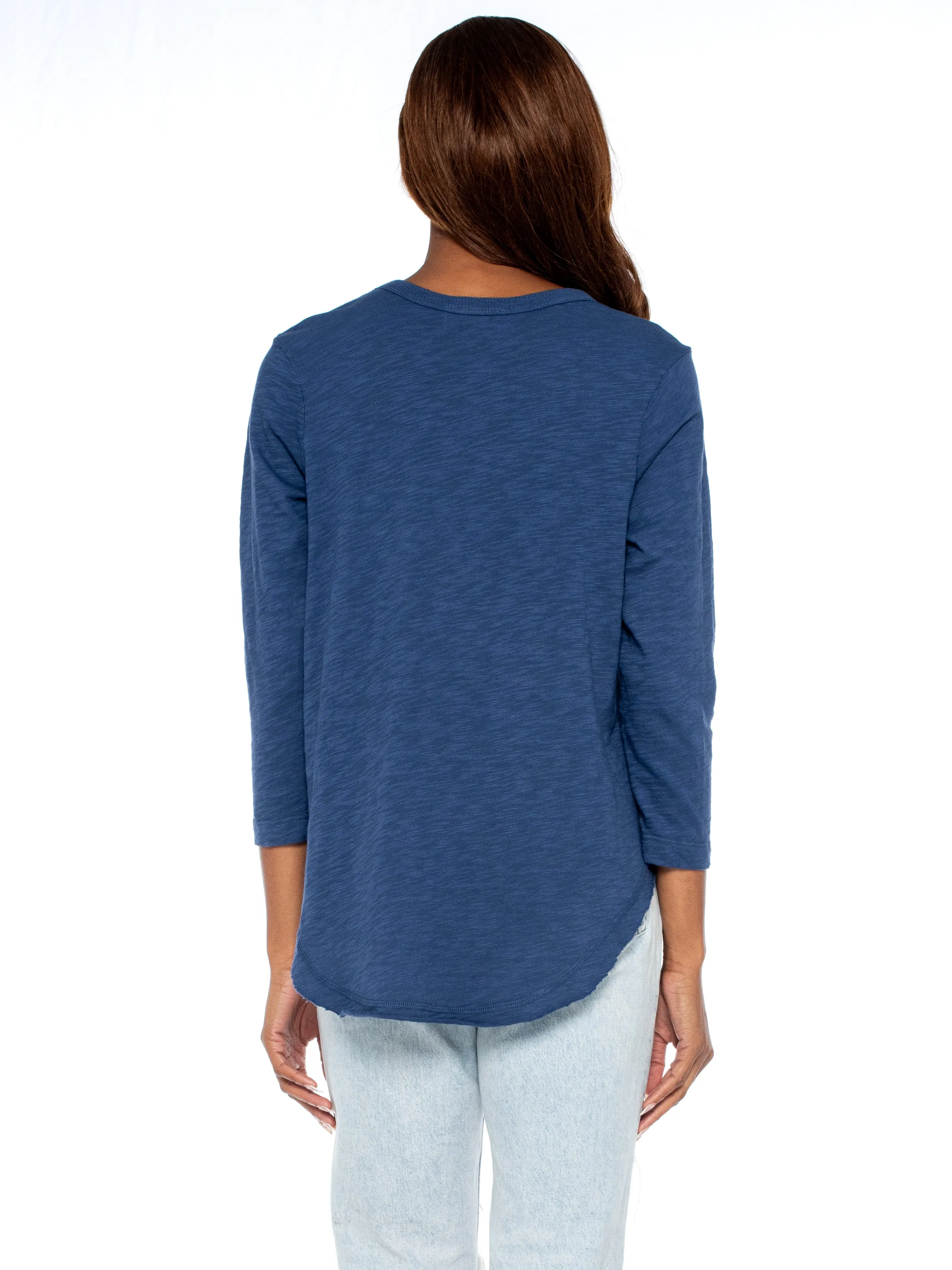 3/4 Sleeve V-Neck Shirttail T W/ Raw Hem Top