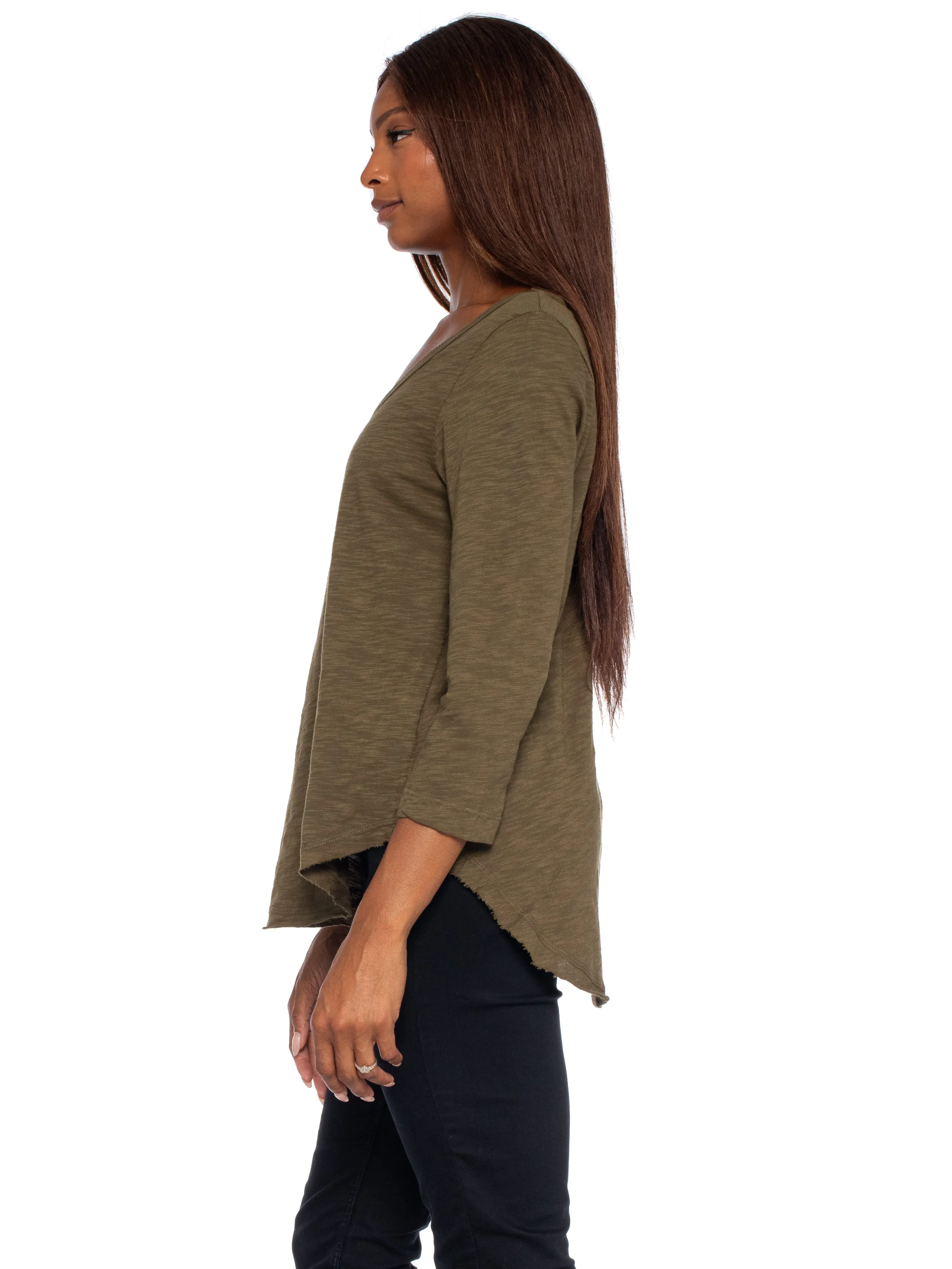 3/4 Sleeve V-Neck Shirttail T W/ Raw Hem Top
