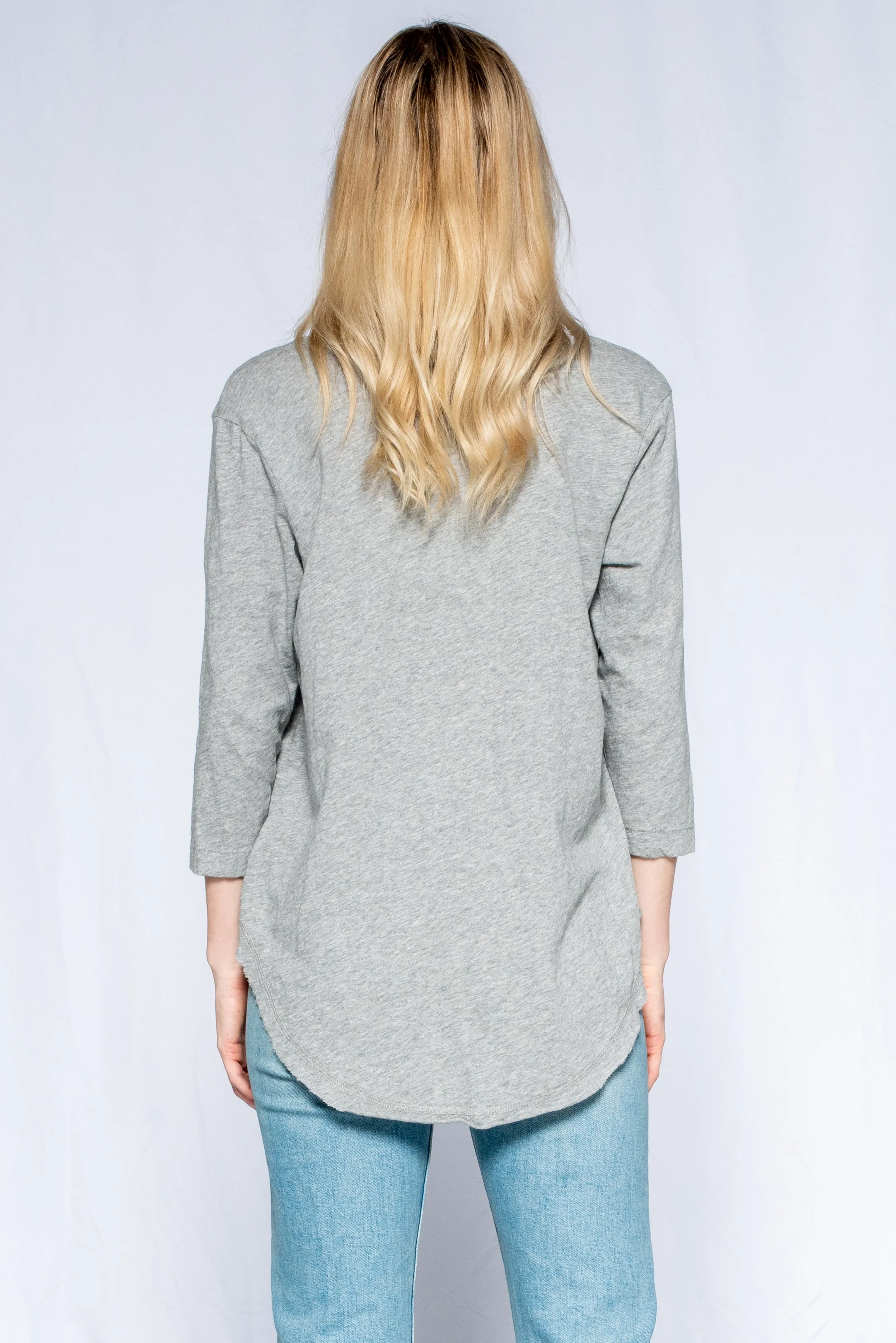 3/4 Sleeve V-Neck Shirttail T W/ Raw Hem Top