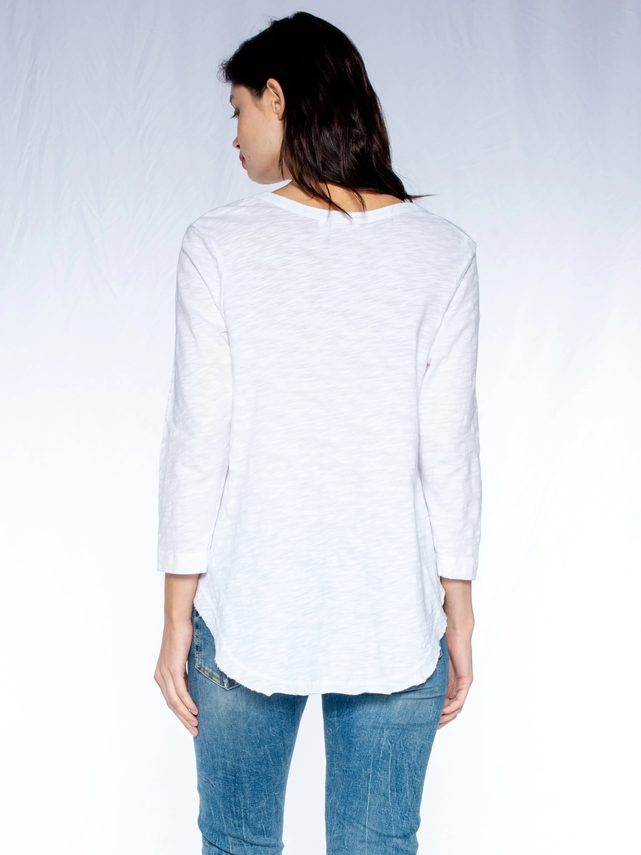 3/4 Sleeve V-Neck Shirttail T W/ Raw Hem Top
