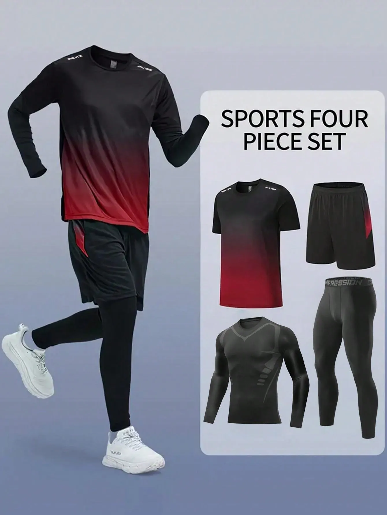 4PCS Boyfriend Style Men's Fall And Winter Outdoor Sports Running Basketball Soccer Night Running Jerseys Quick Dry Breathable Sportswear Fitness 4 Pieces Set