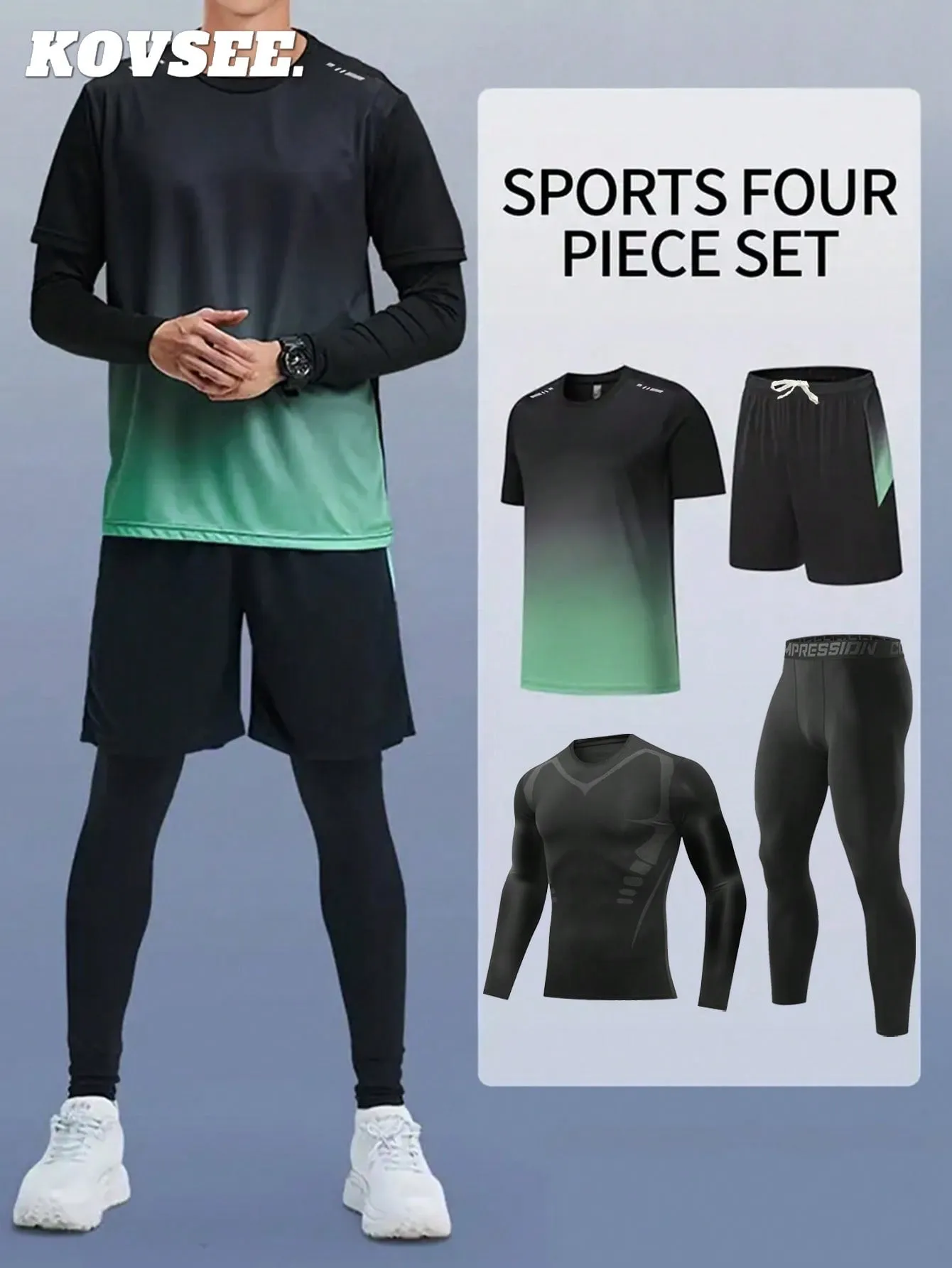 4PCS Boyfriend Style Men's Fall And Winter Outdoor Sports Running Basketball Soccer Night Running Jerseys Quick Dry Breathable Sportswear Fitness 4 Pieces Set
