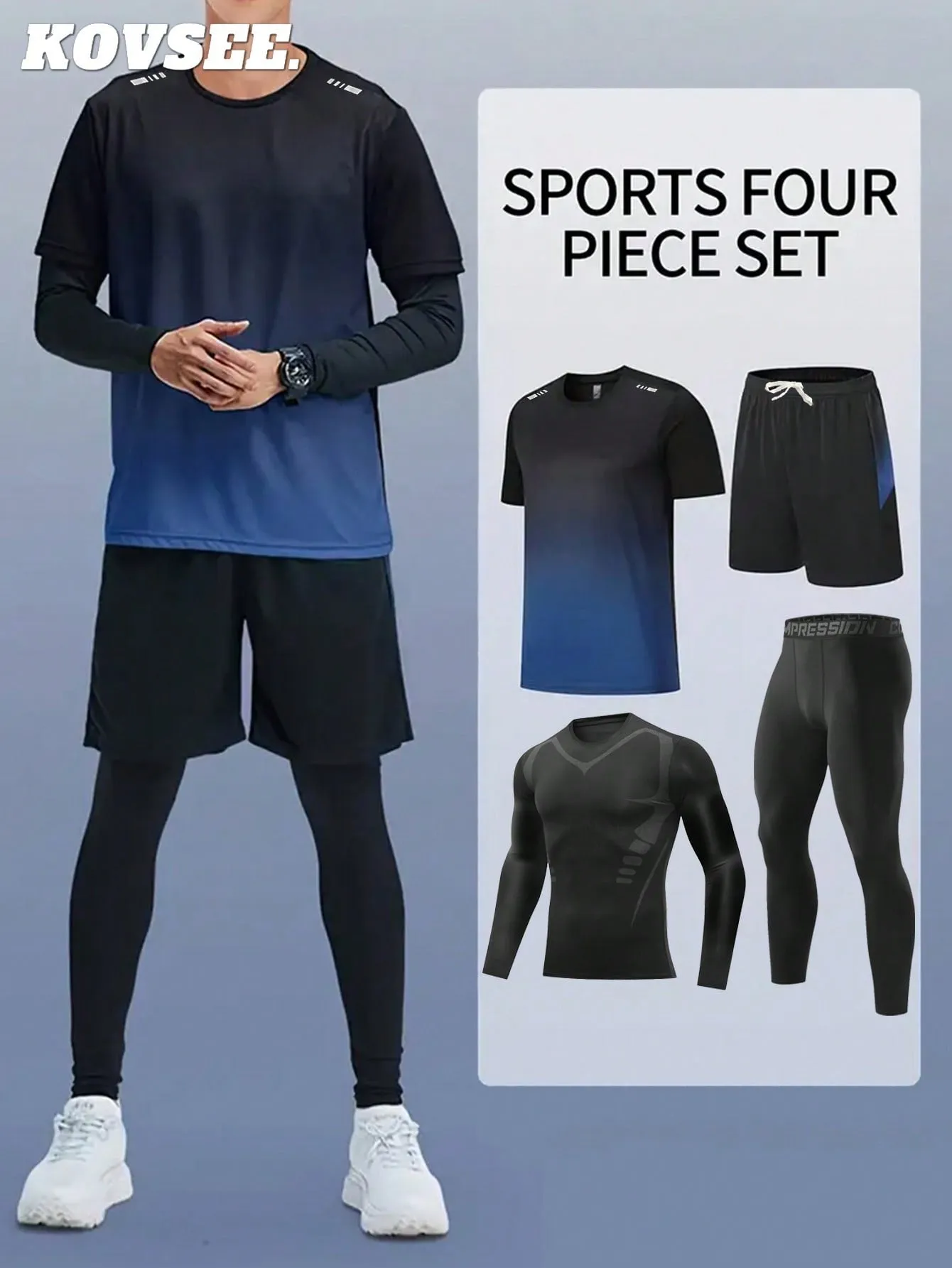 4PCS Boyfriend Style Men's Fall And Winter Outdoor Sports Running Basketball Soccer Night Running Jerseys Quick Dry Breathable Sportswear Fitness 4 Pieces Set