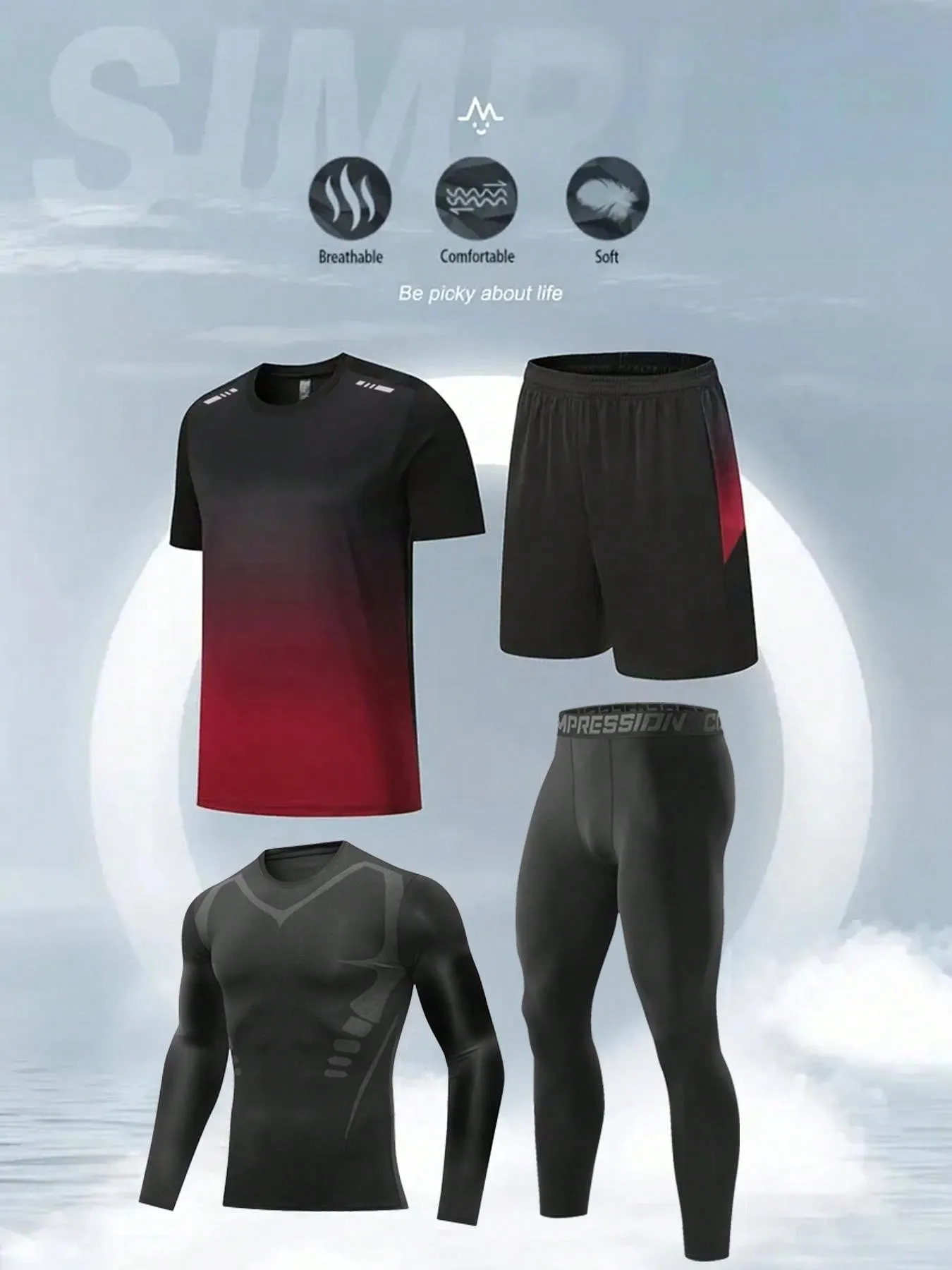 4PCS Boyfriend Style Men's Fall And Winter Outdoor Sports Running Basketball Soccer Night Running Jerseys Quick Dry Breathable Sportswear Fitness 4 Pieces Set