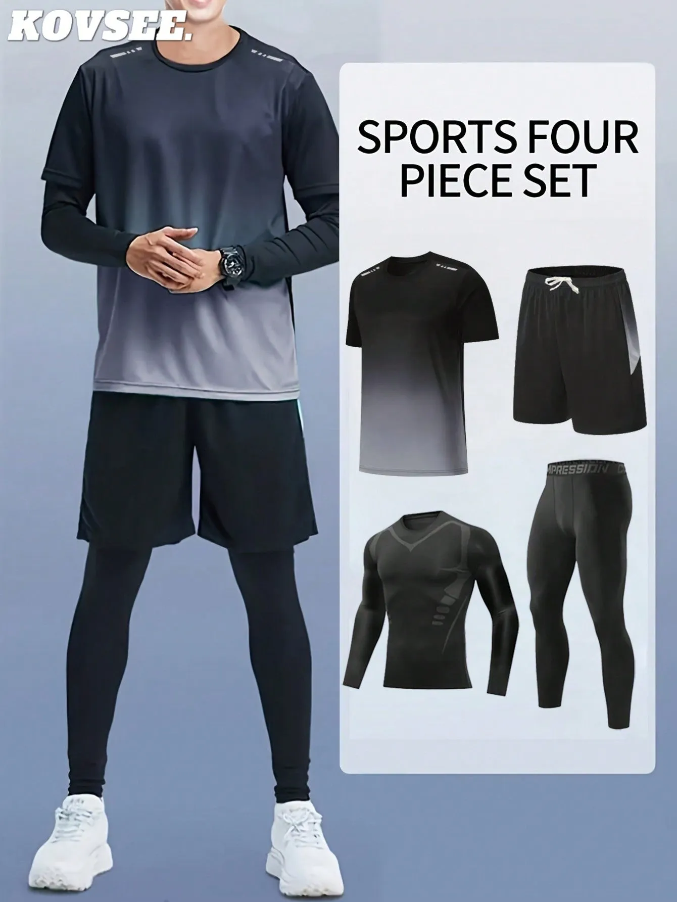 4PCS Boyfriend Style Men's Fall And Winter Outdoor Sports Running Basketball Soccer Night Running Jerseys Quick Dry Breathable Sportswear Fitness 4 Pieces Set