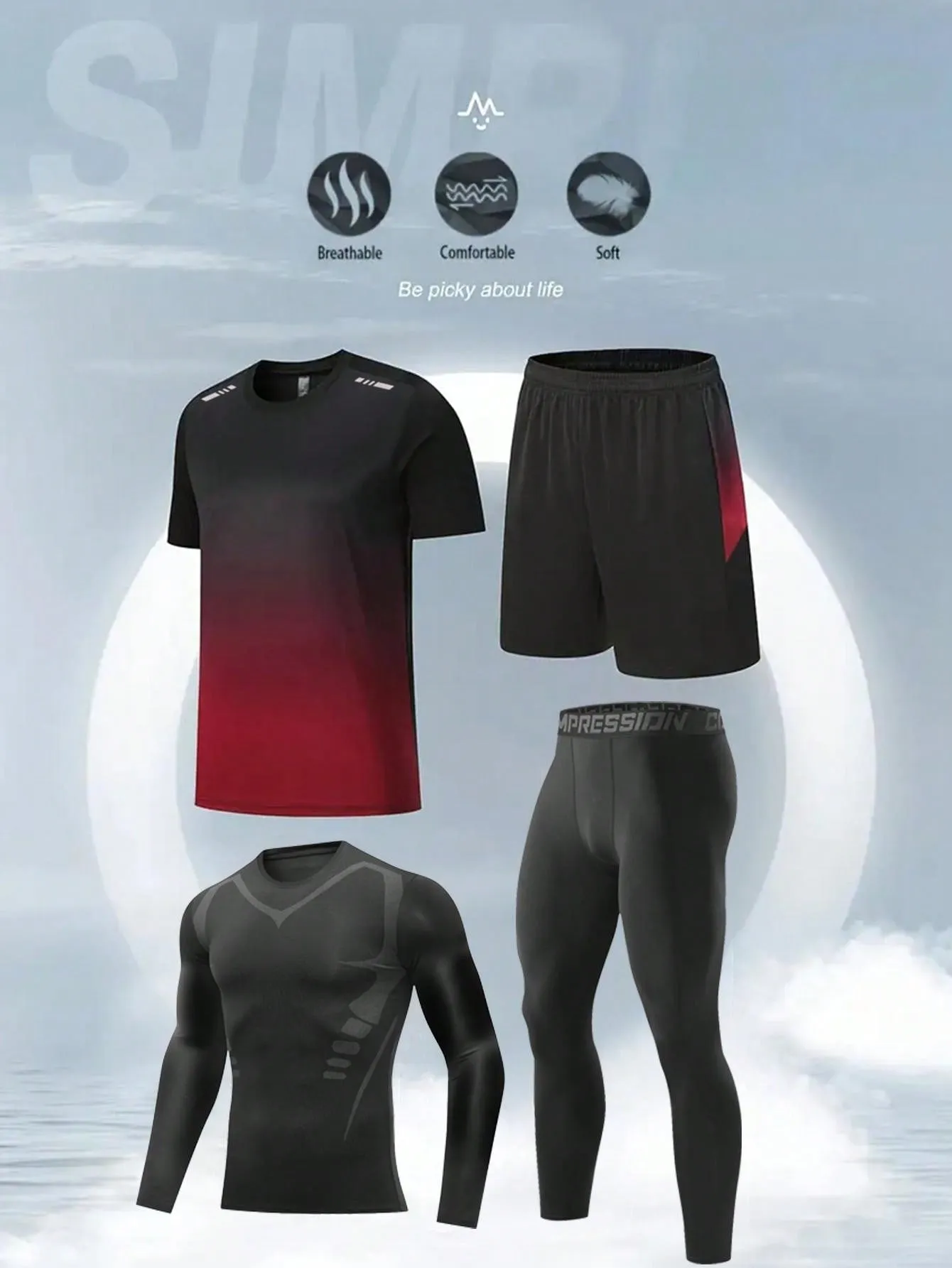 4PCS Boyfriend Style Men's Fall And Winter Outdoor Sports Running Basketball Soccer Night Running Jerseys Quick Dry Breathable Sportswear Fitness 4 Pieces Set