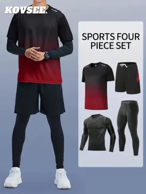 4PCS Boyfriend Style Men's Fall And Winter Outdoor Sports Running Basketball Soccer Night Running Jerseys Quick Dry Breathable Sportswear Fitness 4 Pieces Set