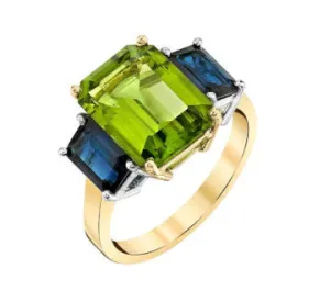 5.12 Carat Peridot and Sapphire White and Yellow Gold 3-Stone Cocktail Ring