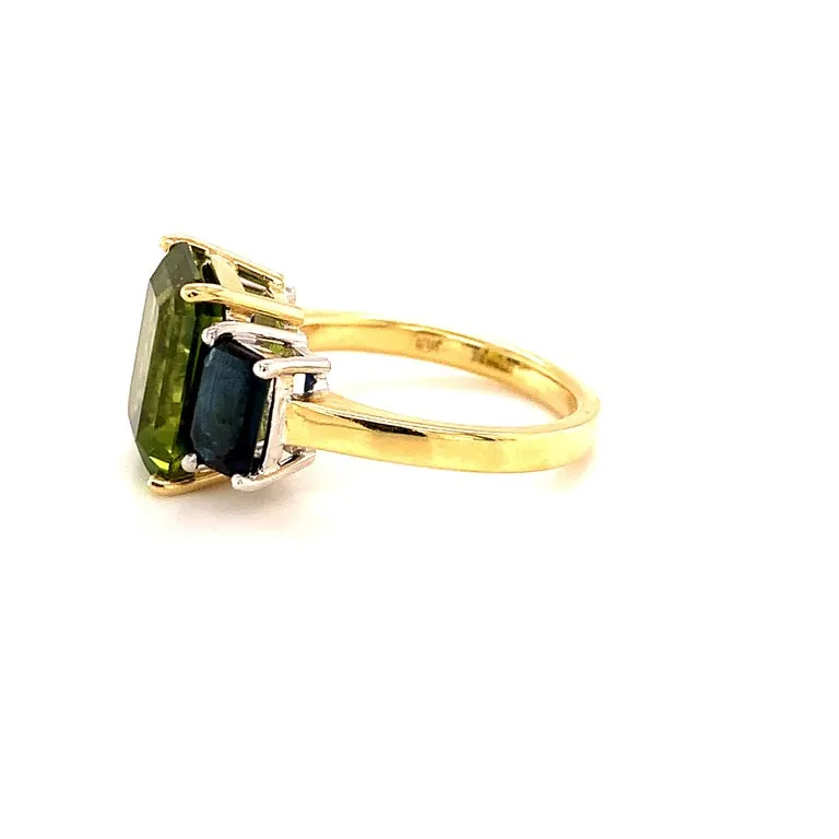 5.12 Carat Peridot and Sapphire White and Yellow Gold 3-Stone Cocktail Ring