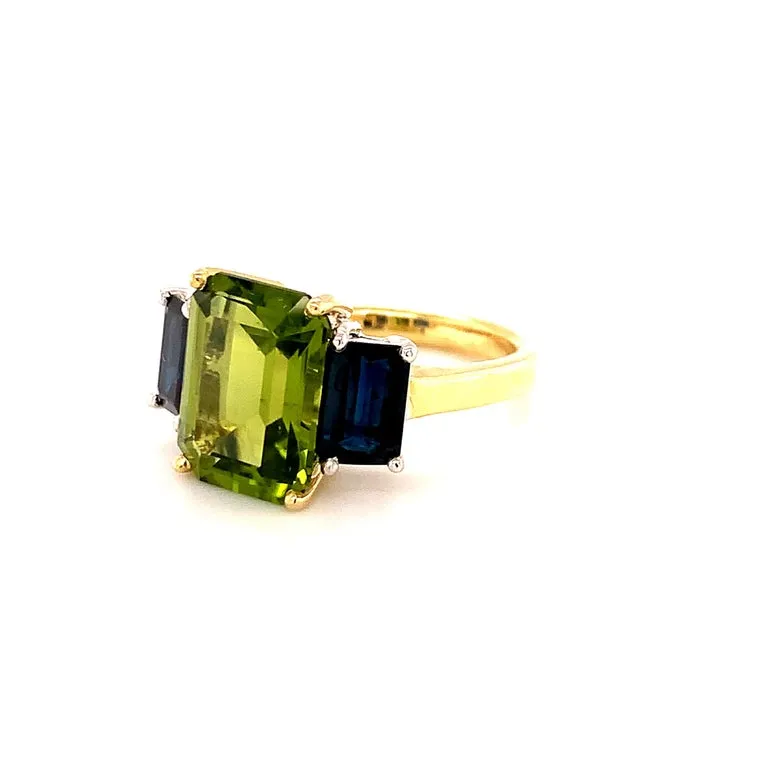 5.12 Carat Peridot and Sapphire White and Yellow Gold 3-Stone Cocktail Ring