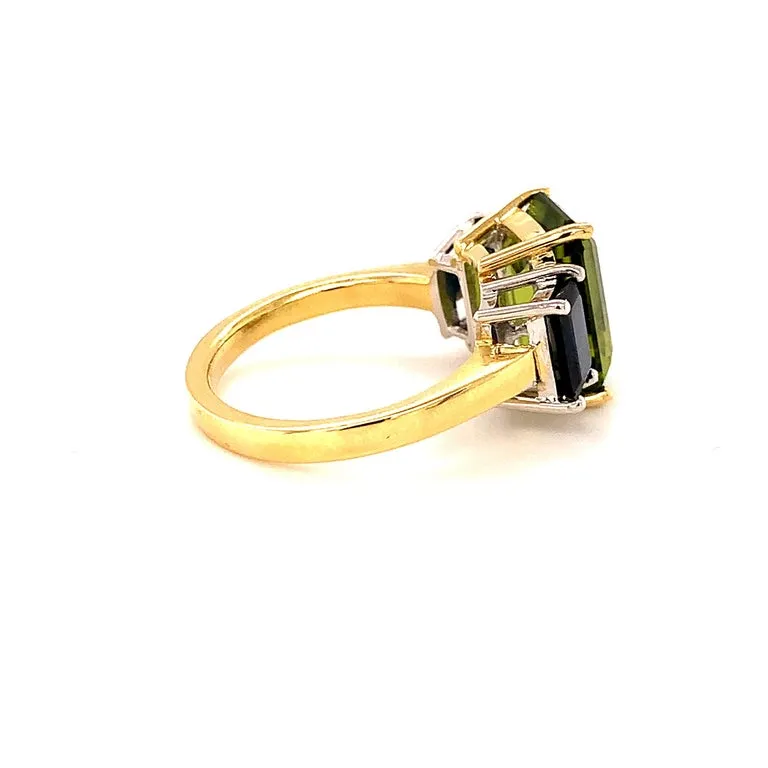 5.12 Carat Peridot and Sapphire White and Yellow Gold 3-Stone Cocktail Ring