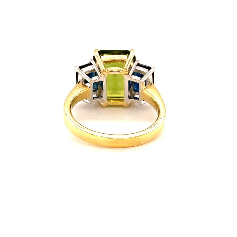 5.12 Carat Peridot and Sapphire White and Yellow Gold 3-Stone Cocktail Ring