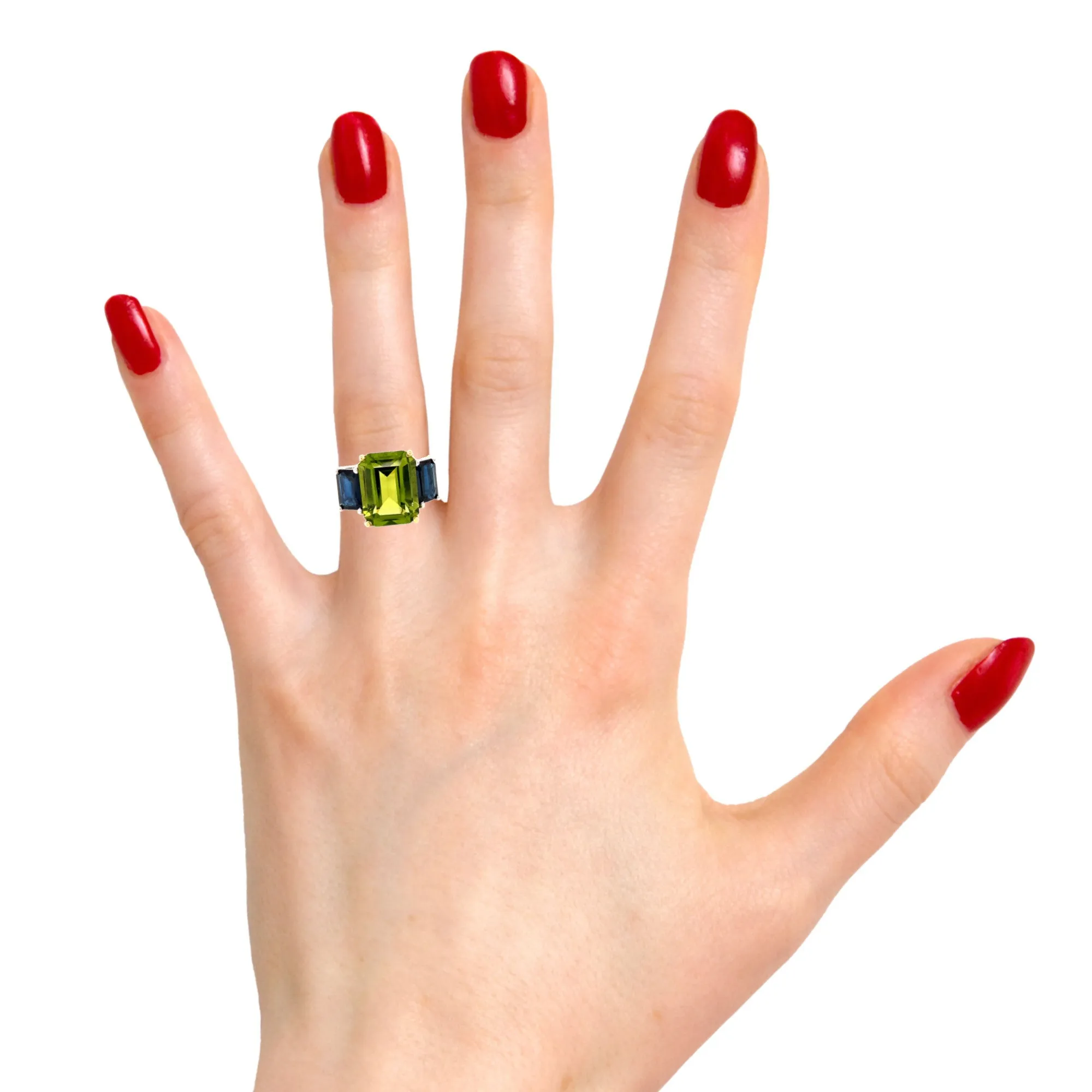 5.12 Carat Peridot and Sapphire White and Yellow Gold 3-Stone Cocktail Ring