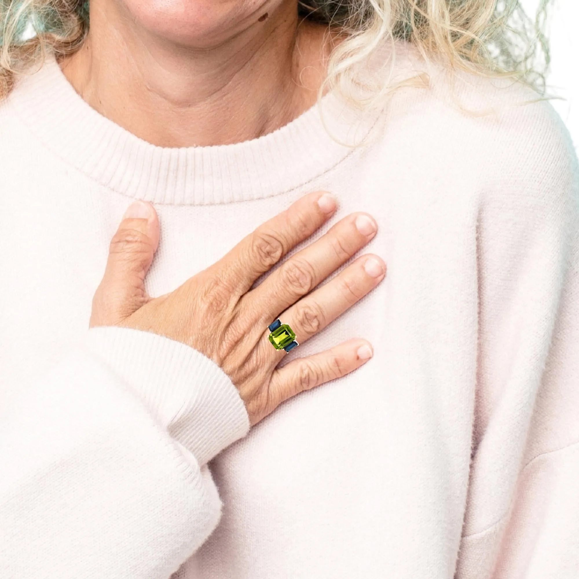 5.12 Carat Peridot and Sapphire White and Yellow Gold 3-Stone Cocktail Ring