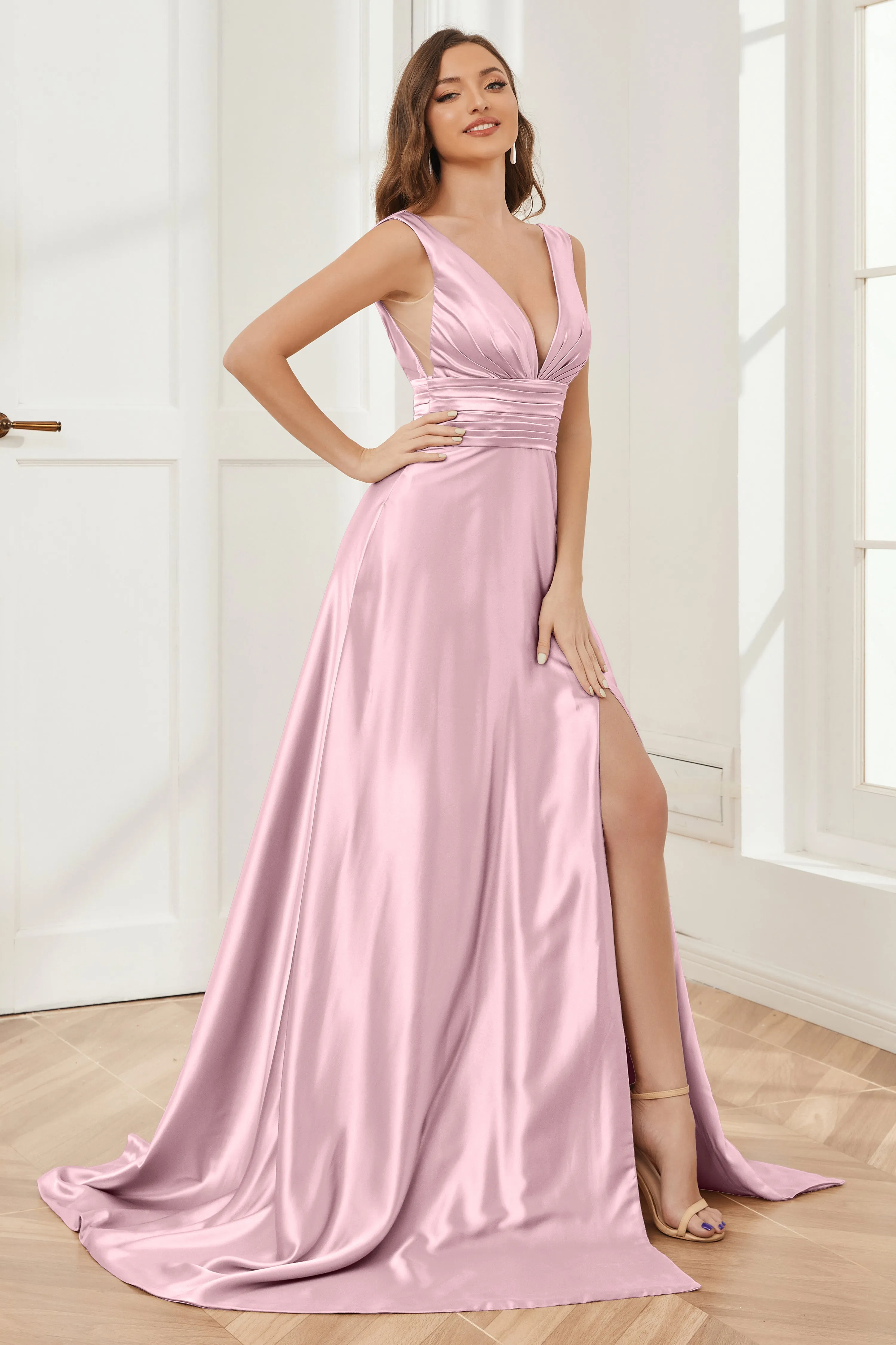 A-line V-neck Sleeveless Soft Satin Long Bridesmaid Dress