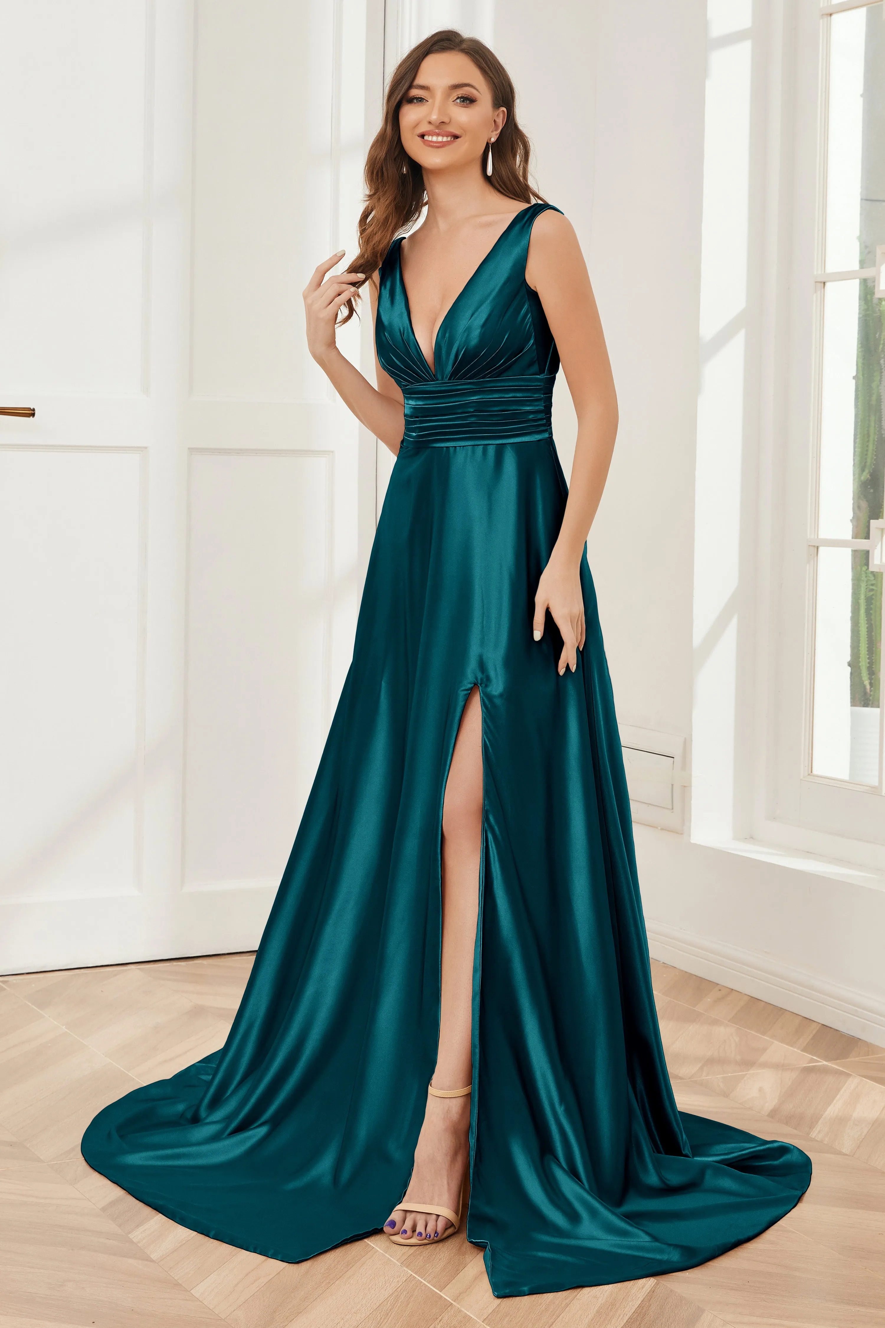 A-line V-neck Sleeveless Soft Satin Long Bridesmaid Dress