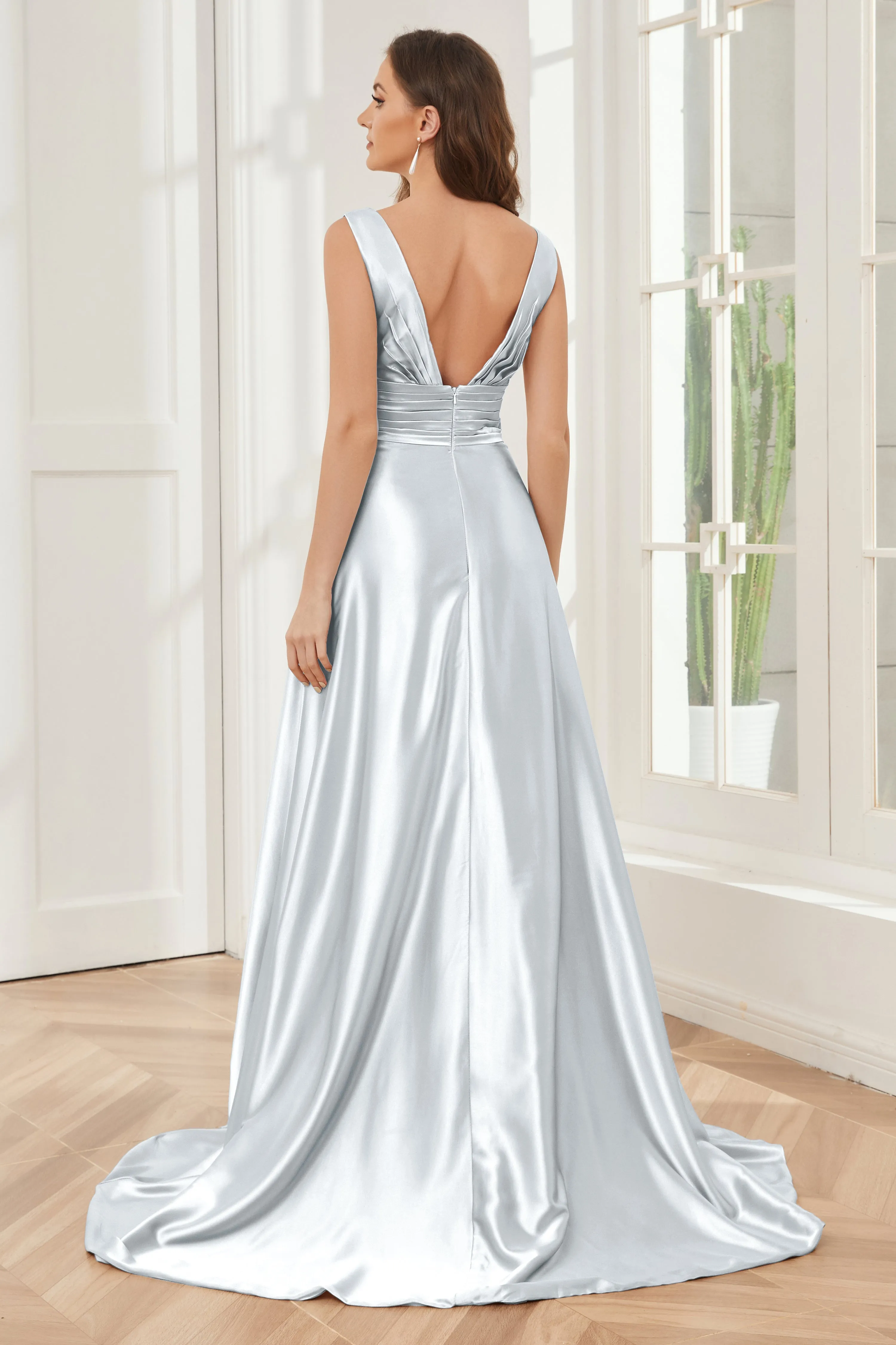 A-line V-neck Sleeveless Soft Satin Long Bridesmaid Dress