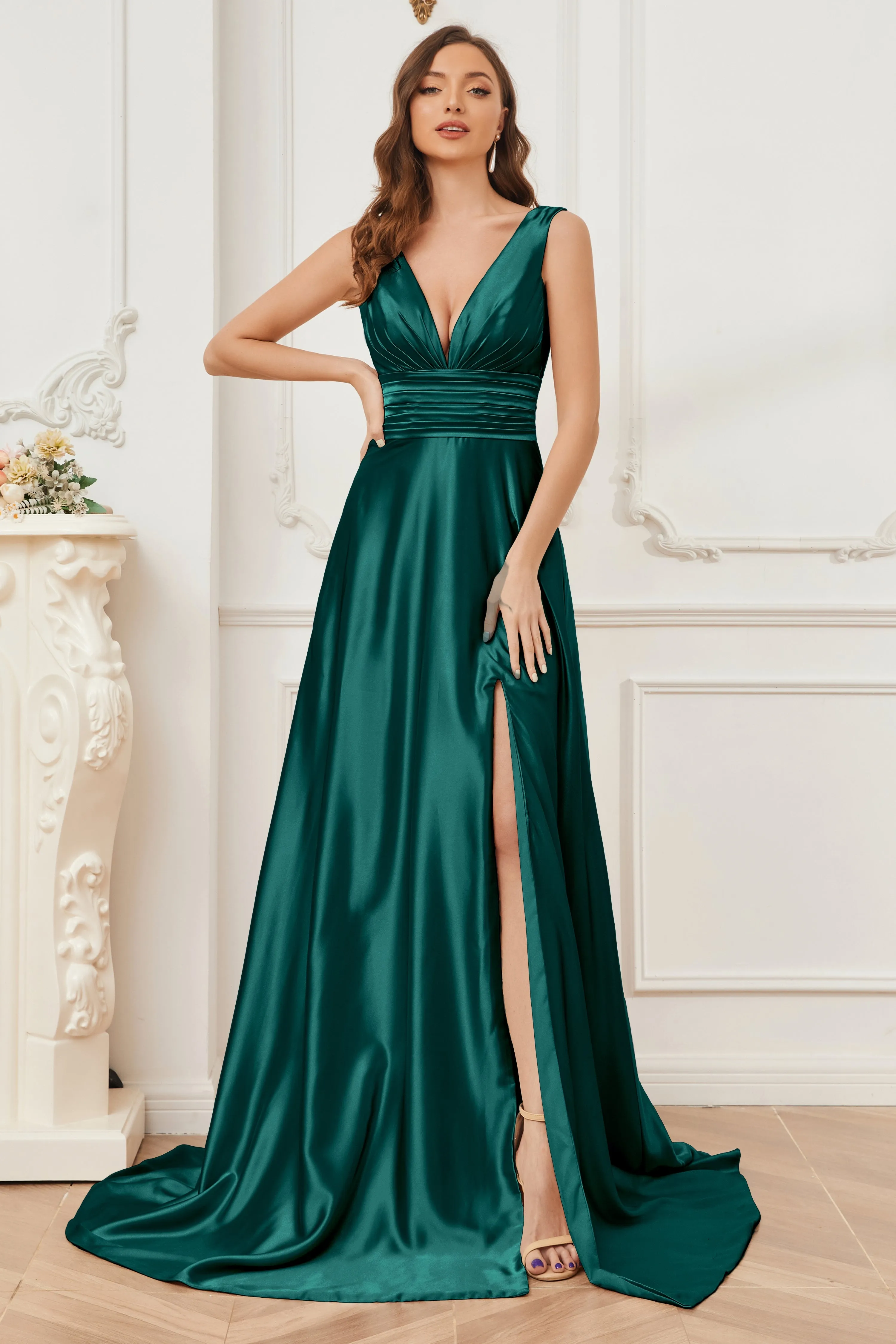 A-line V-neck Sleeveless Soft Satin Long Bridesmaid Dress