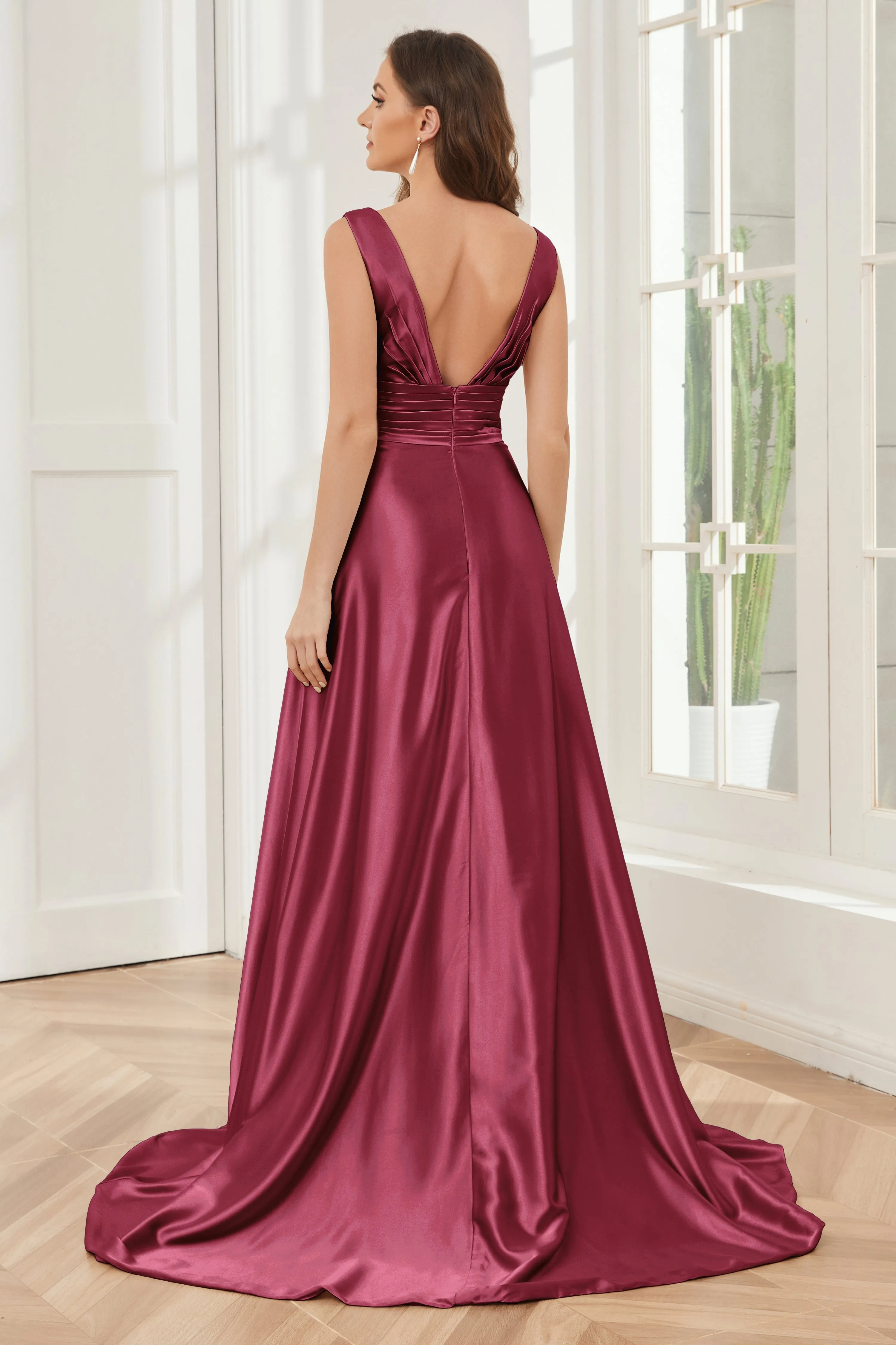 A-line V-neck Sleeveless Soft Satin Long Bridesmaid Dress