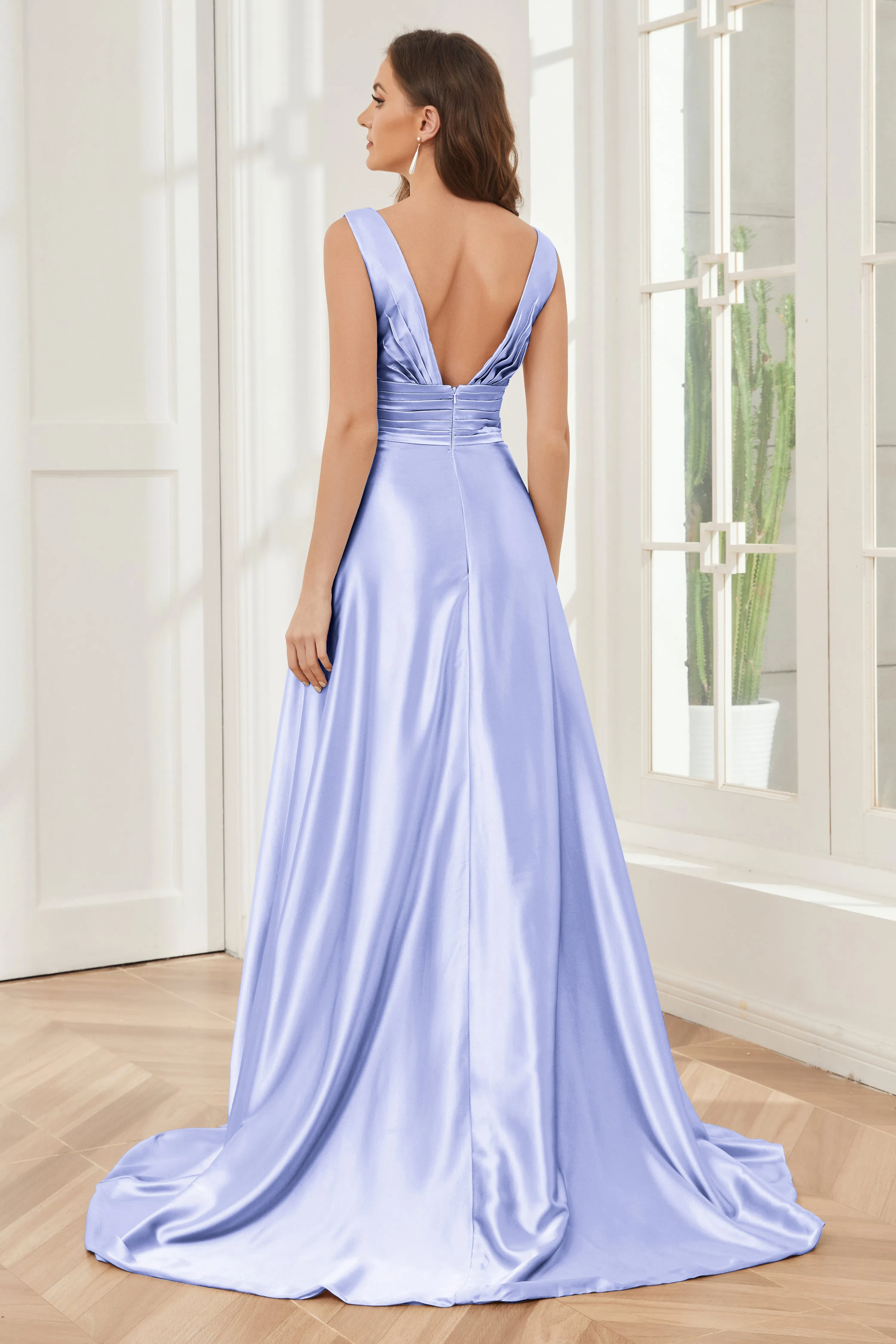 A-line V-neck Sleeveless Soft Satin Long Bridesmaid Dress