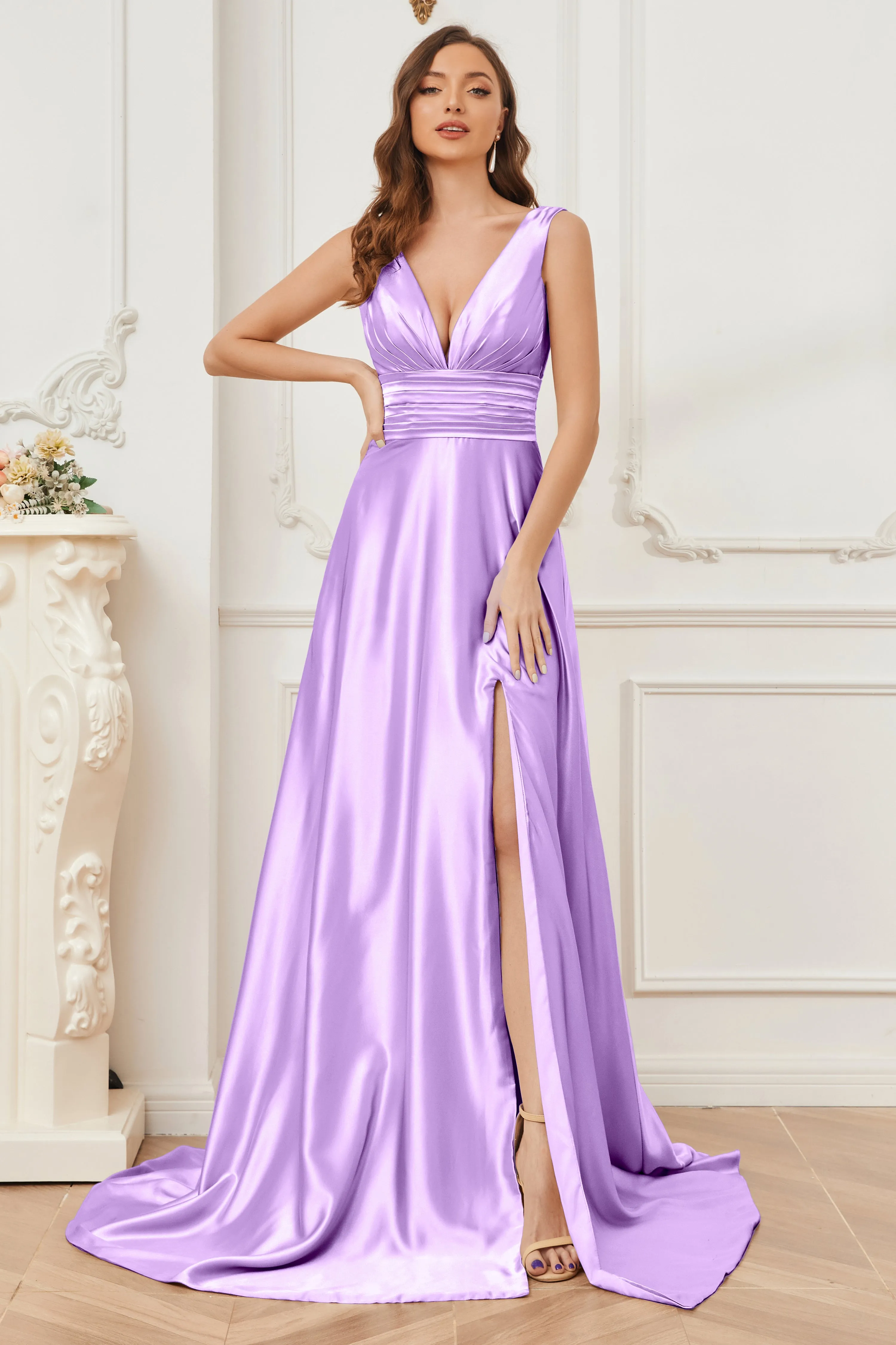 A-line V-neck Sleeveless Soft Satin Long Bridesmaid Dress