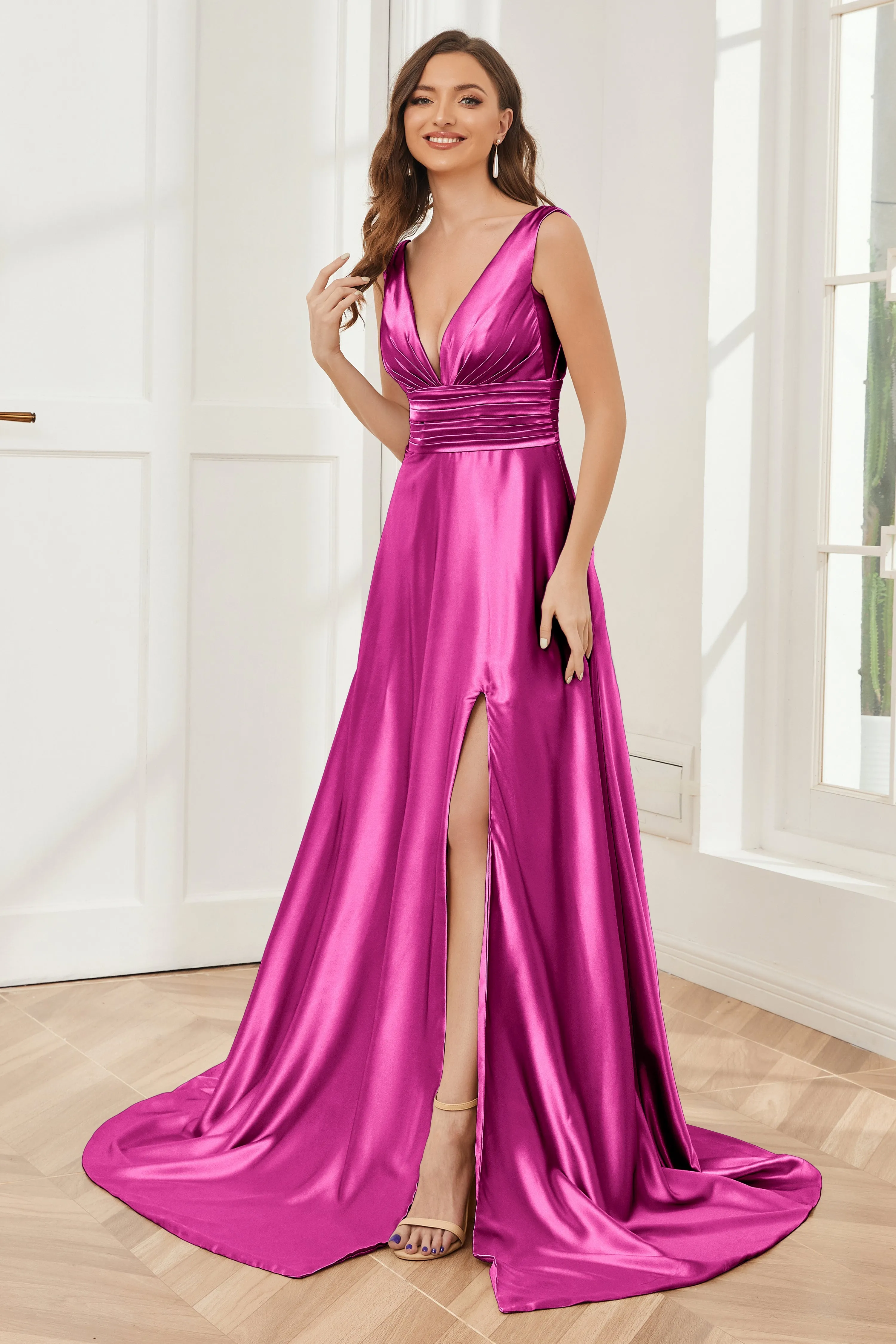 A-line V-neck Sleeveless Soft Satin Long Bridesmaid Dress