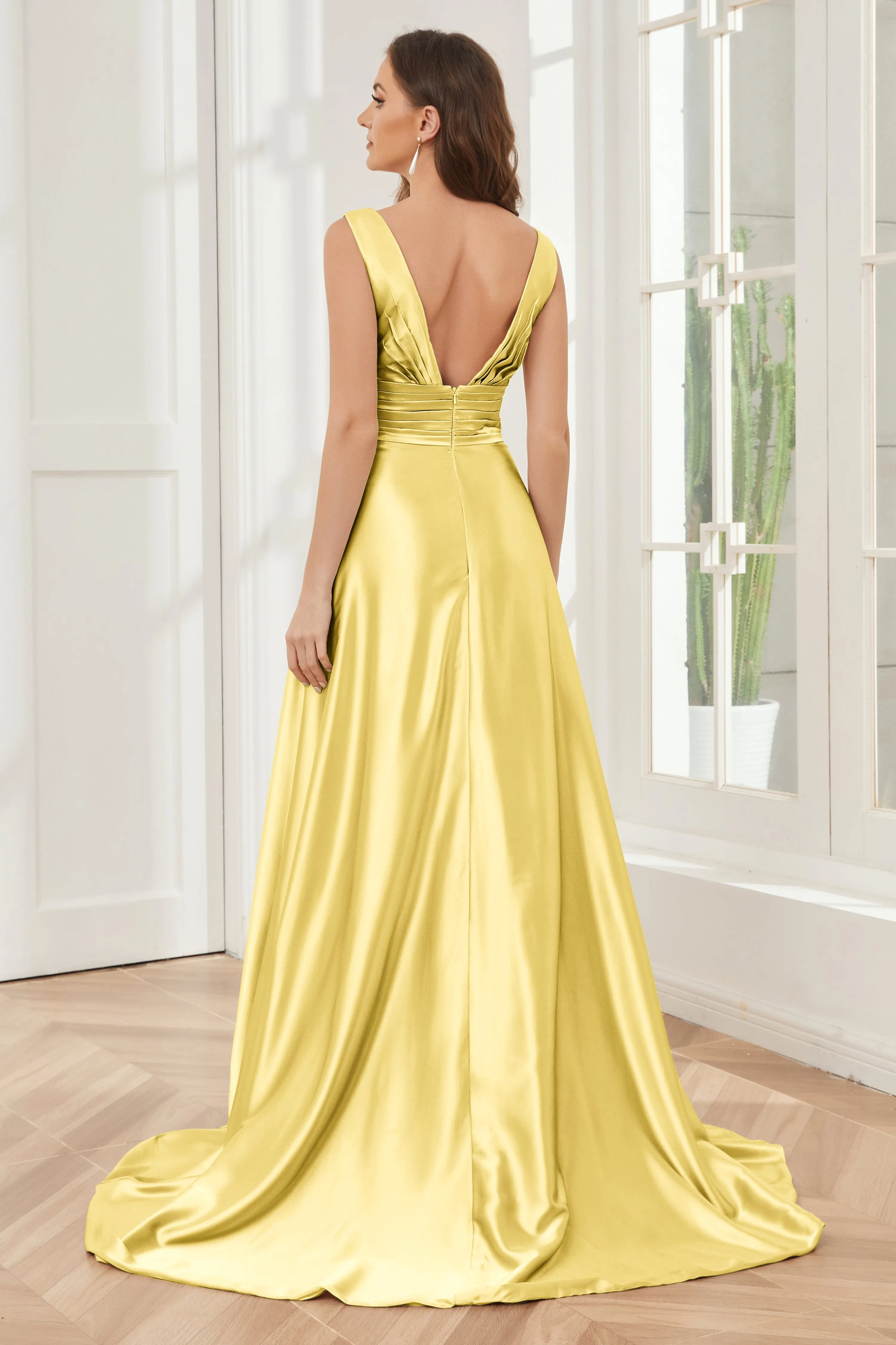A-line V-neck Sleeveless Soft Satin Long Bridesmaid Dress