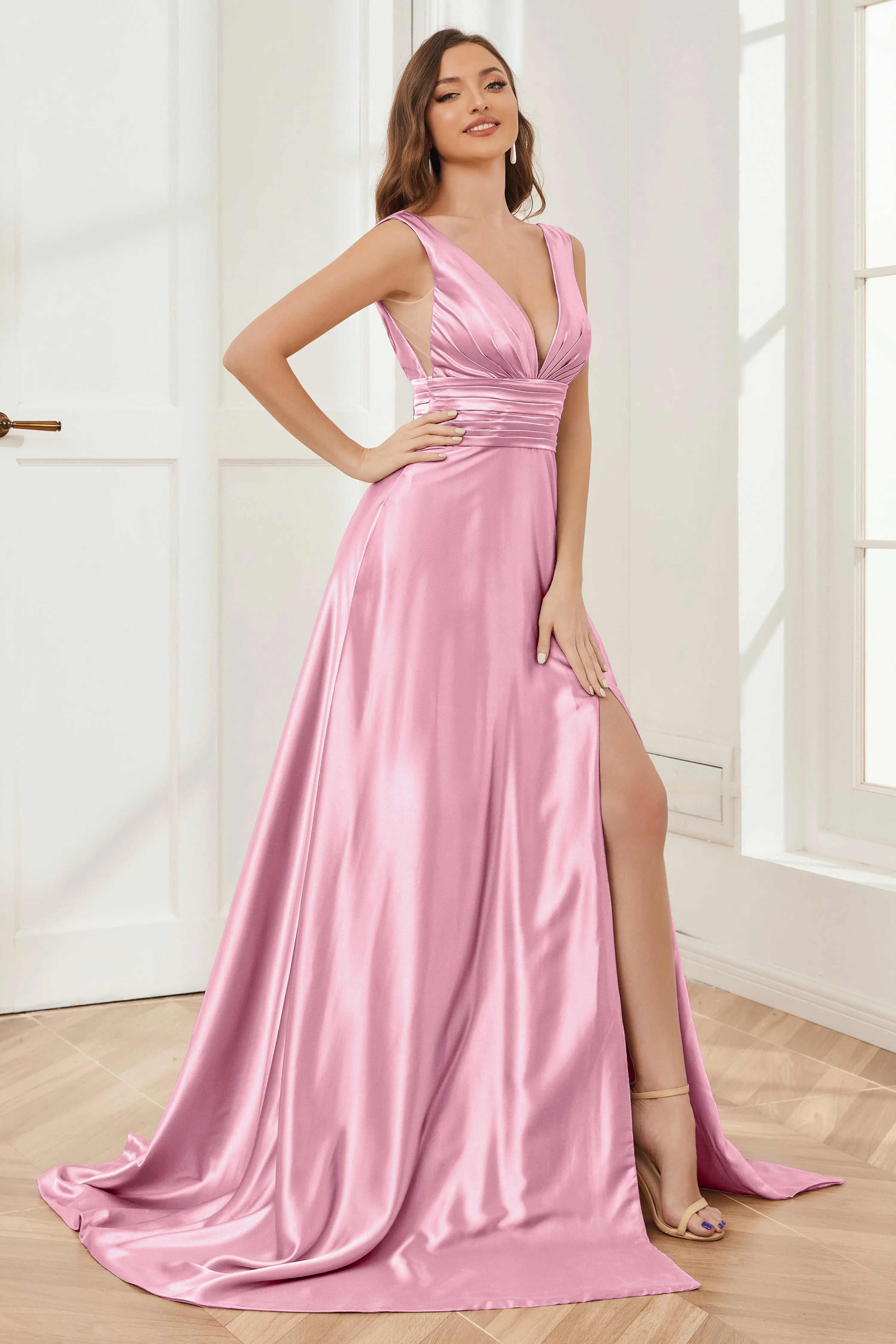 A-line V-neck Sleeveless Soft Satin Long Bridesmaid Dress