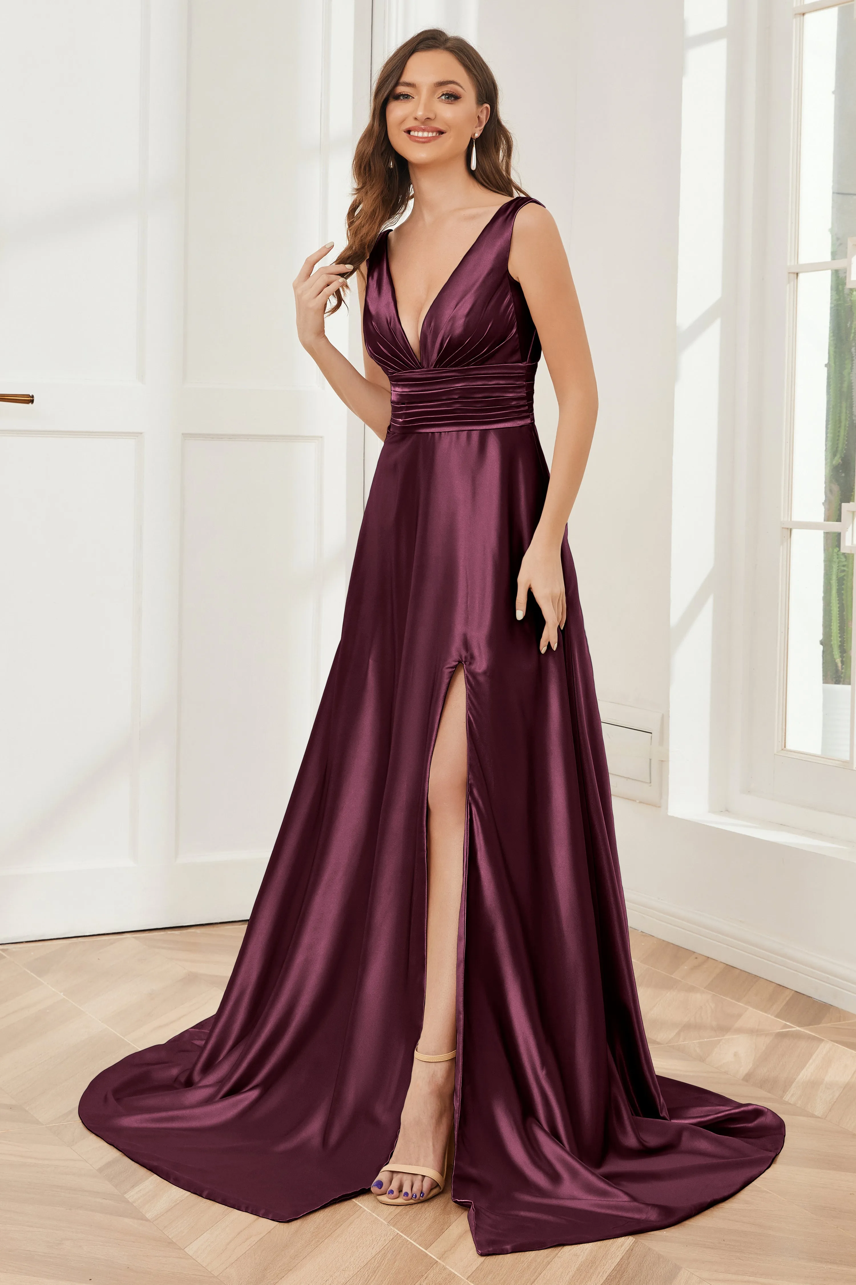A-line V-neck Sleeveless Soft Satin Long Bridesmaid Dress