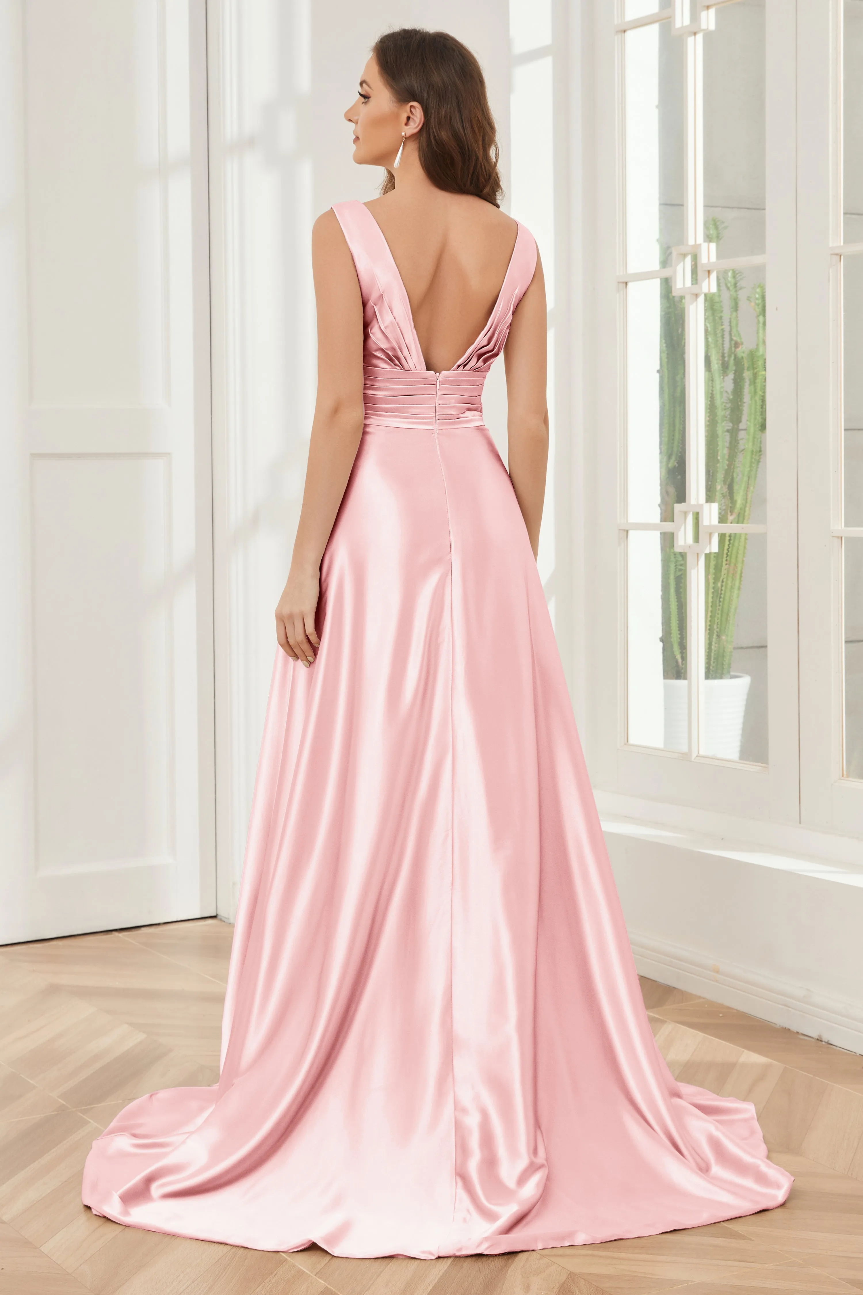 A-line V-neck Sleeveless Soft Satin Long Bridesmaid Dress