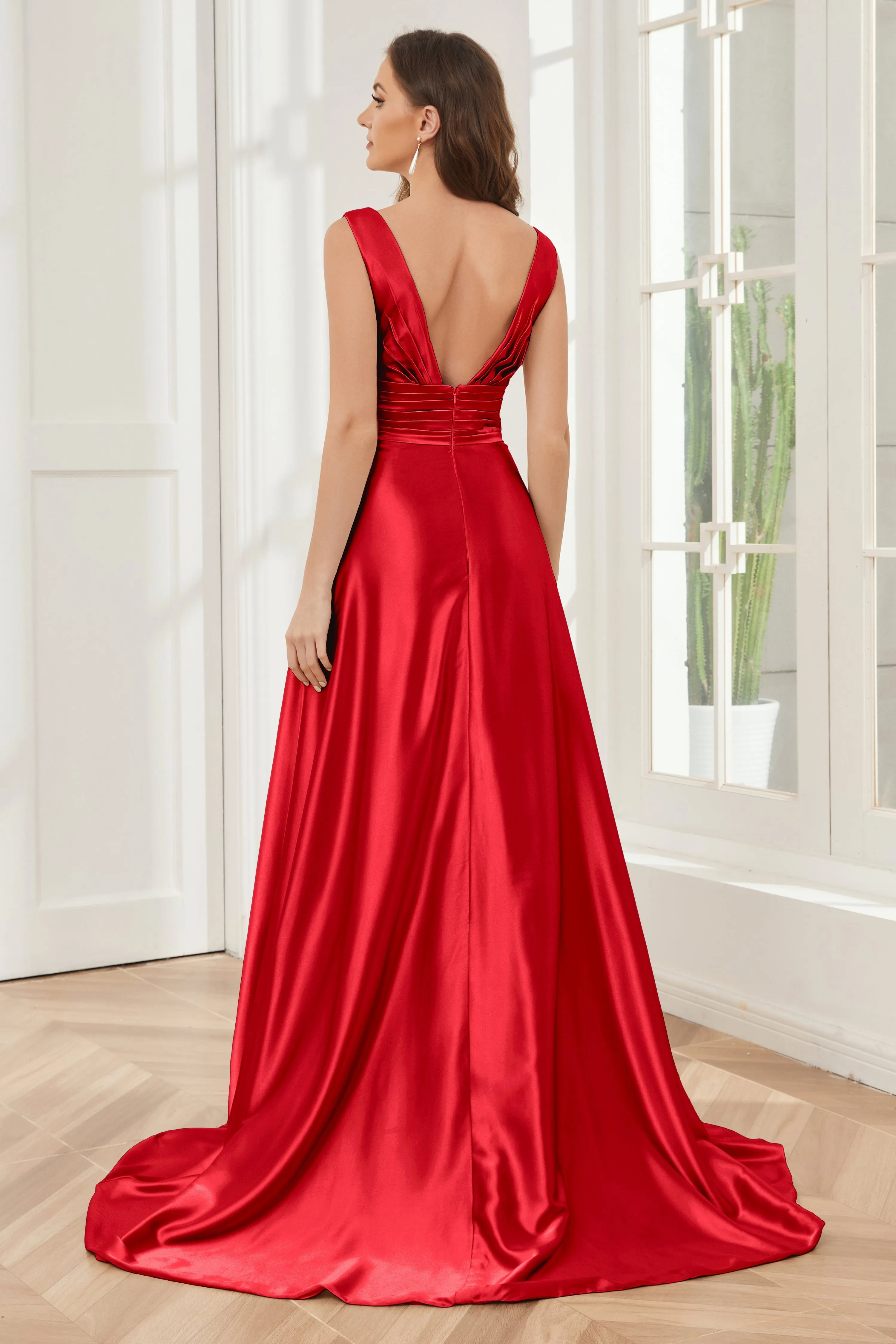 A-line V-neck Sleeveless Soft Satin Long Bridesmaid Dress