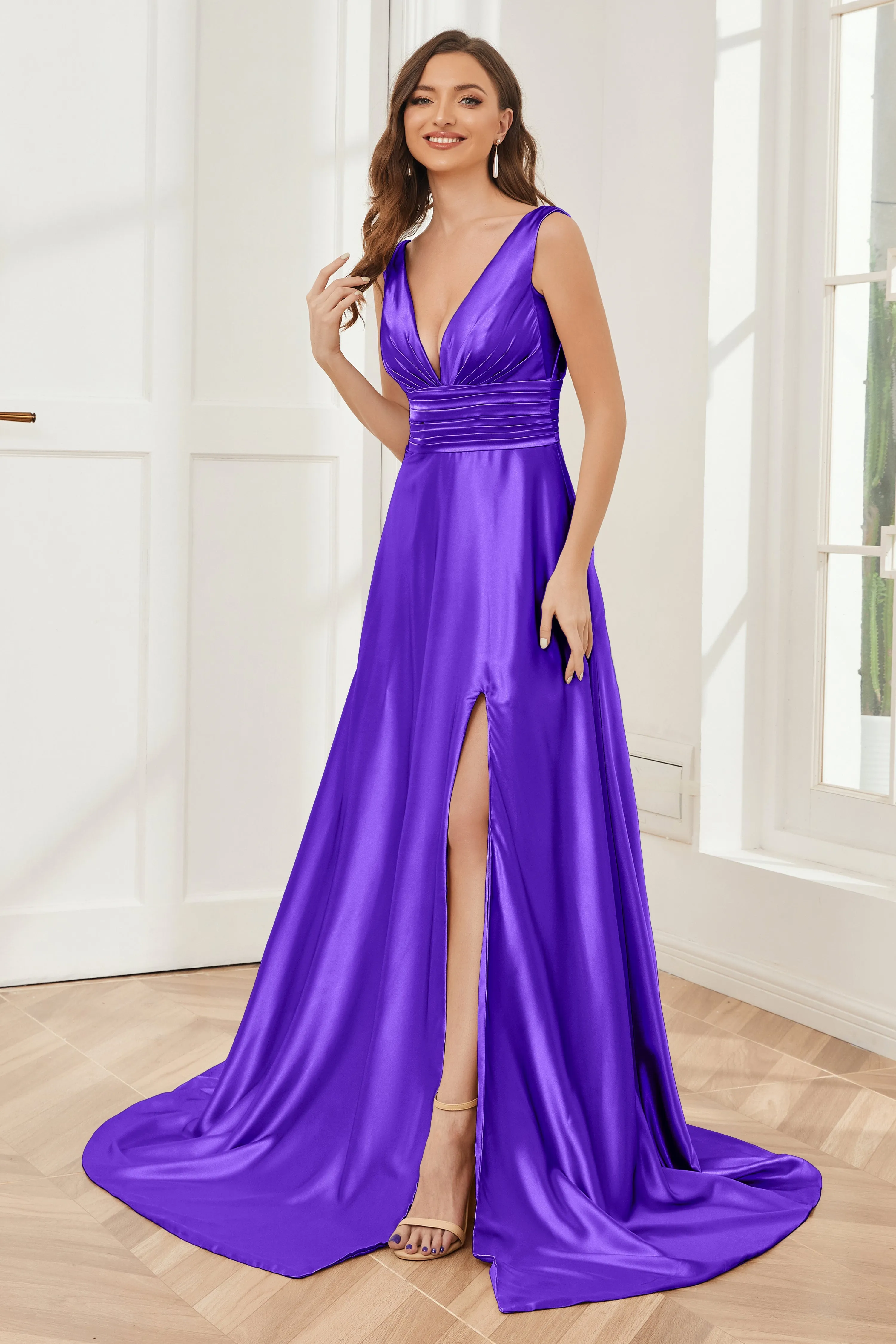 A-line V-neck Sleeveless Soft Satin Long Bridesmaid Dress
