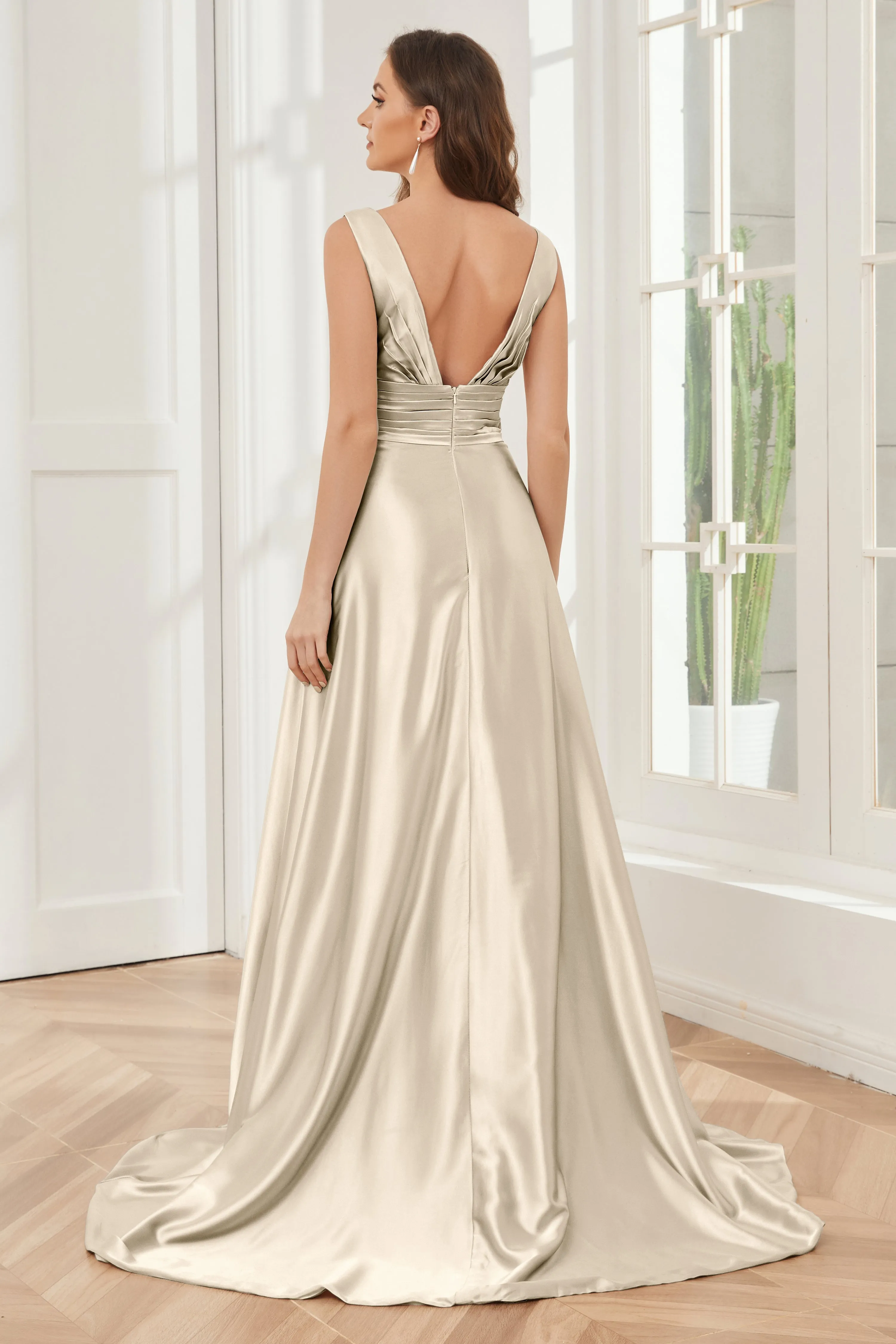 A-line V-neck Sleeveless Soft Satin Long Bridesmaid Dress