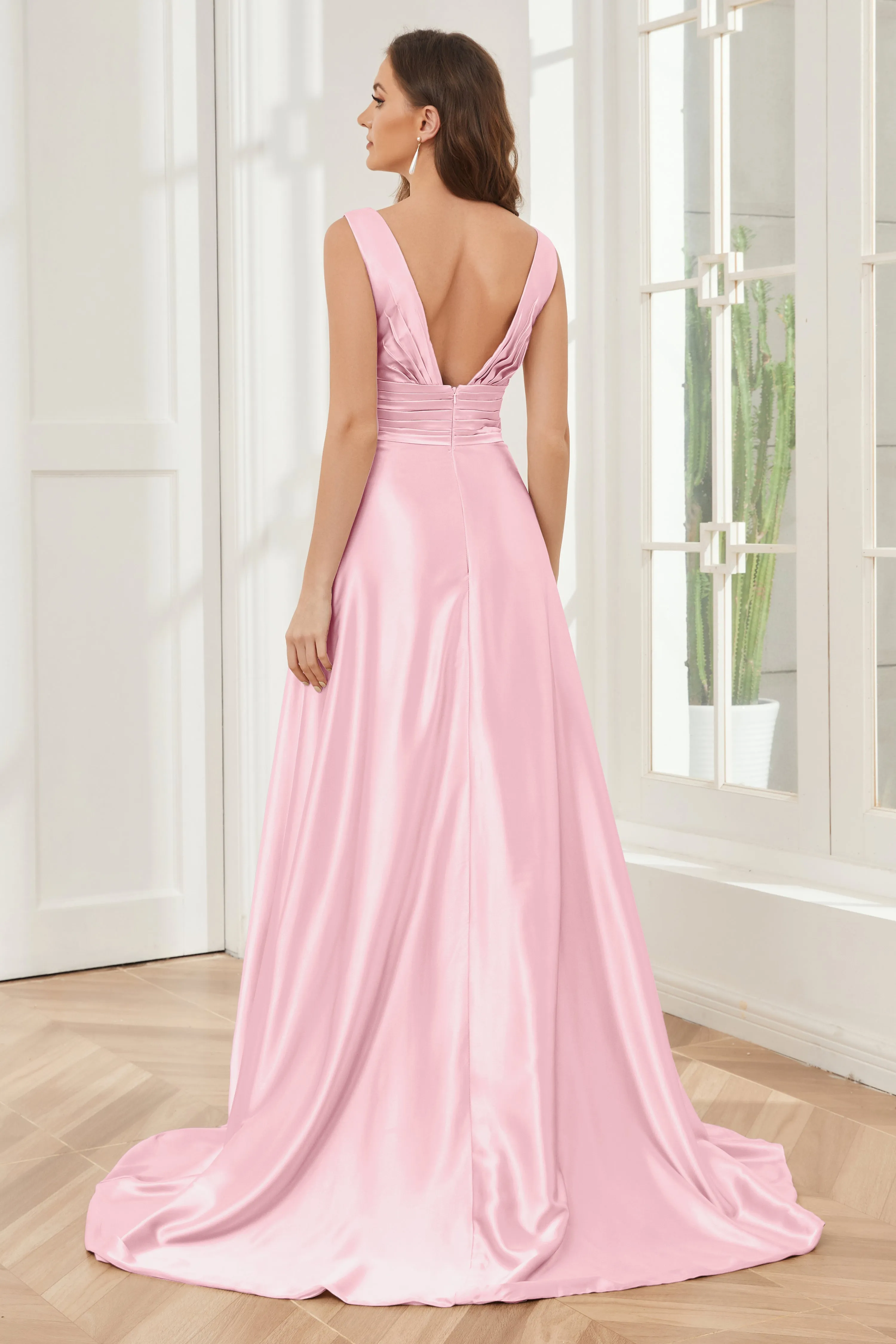 A-line V-neck Sleeveless Soft Satin Long Bridesmaid Dress